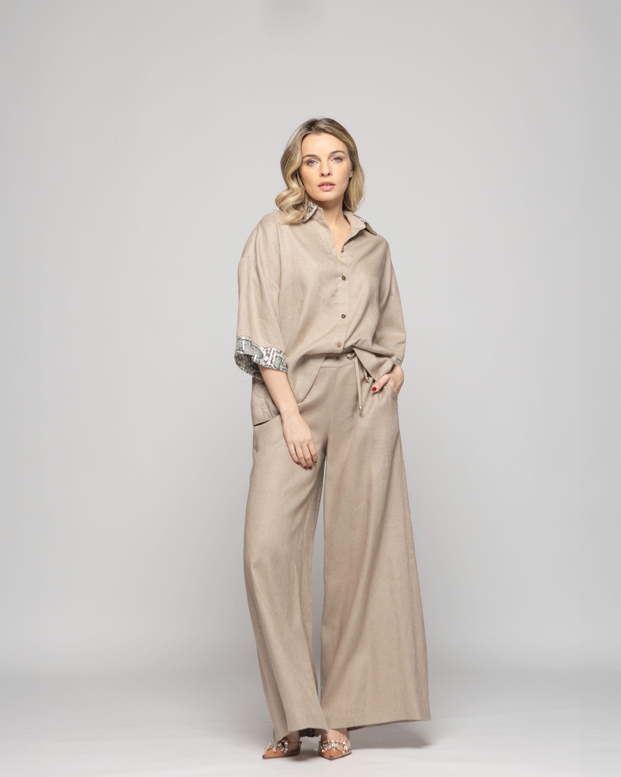 Pantalón Mujer Fresia Viscosa Lino Palazzo Beige Ludovica-2