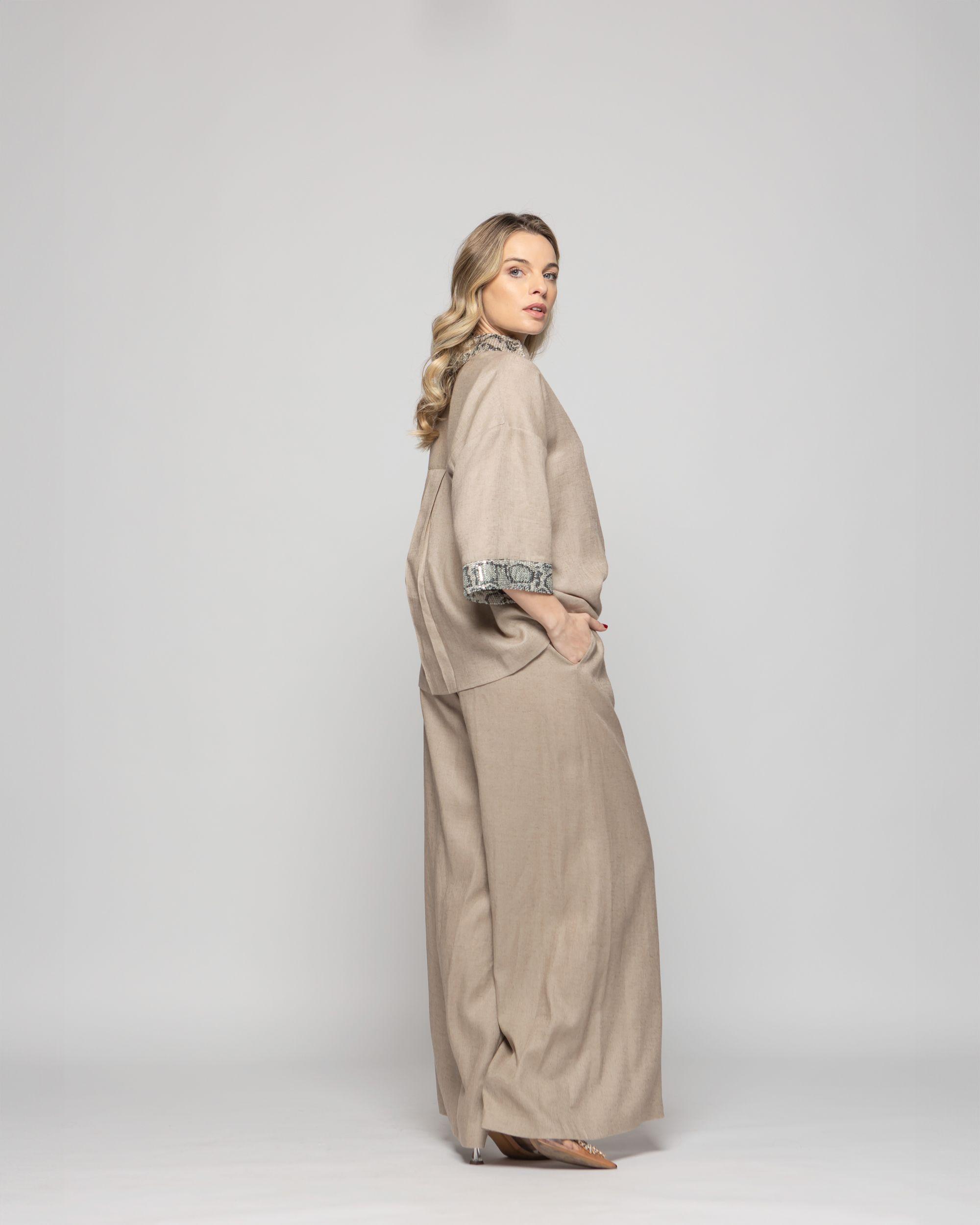 Pantalón Mujer Fresia Viscosa Lino Palazzo Beige Ludovica-6