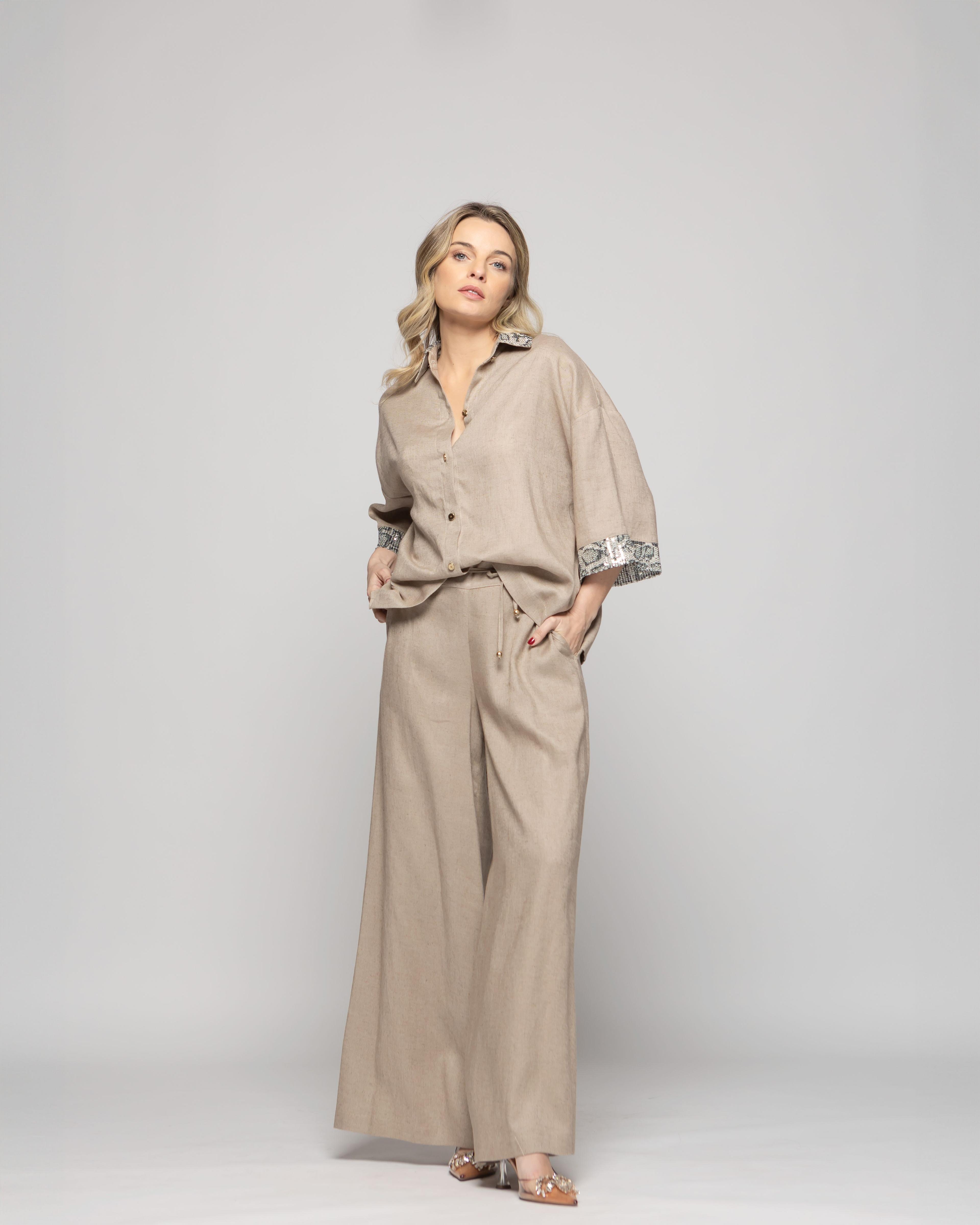 Pantalón Mujer Fresia Viscosa Lino Palazzo Beige Ludovica-7