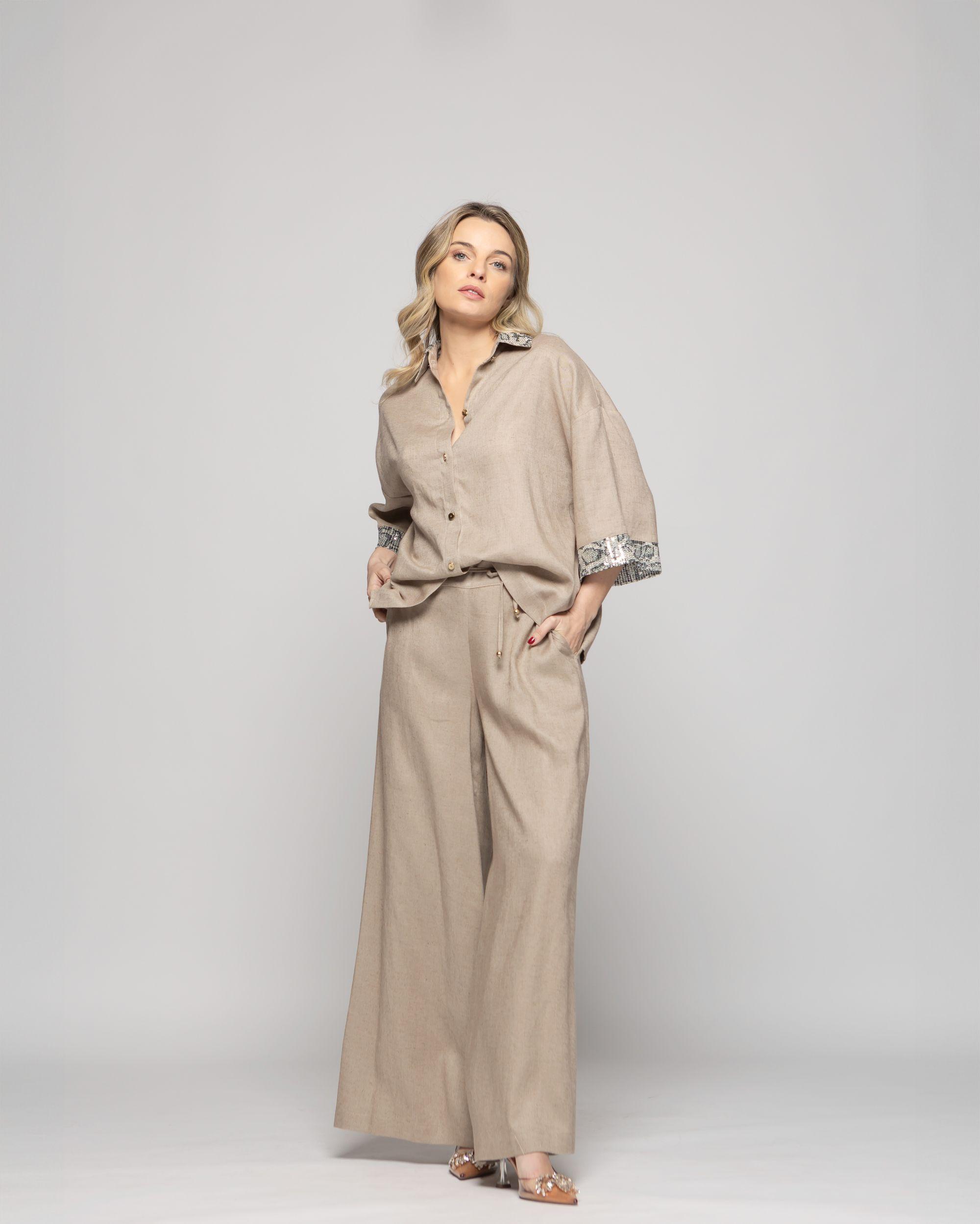 Pantalón Mujer Fresia Viscosa Lino Palazzo Beige Ludovica-9