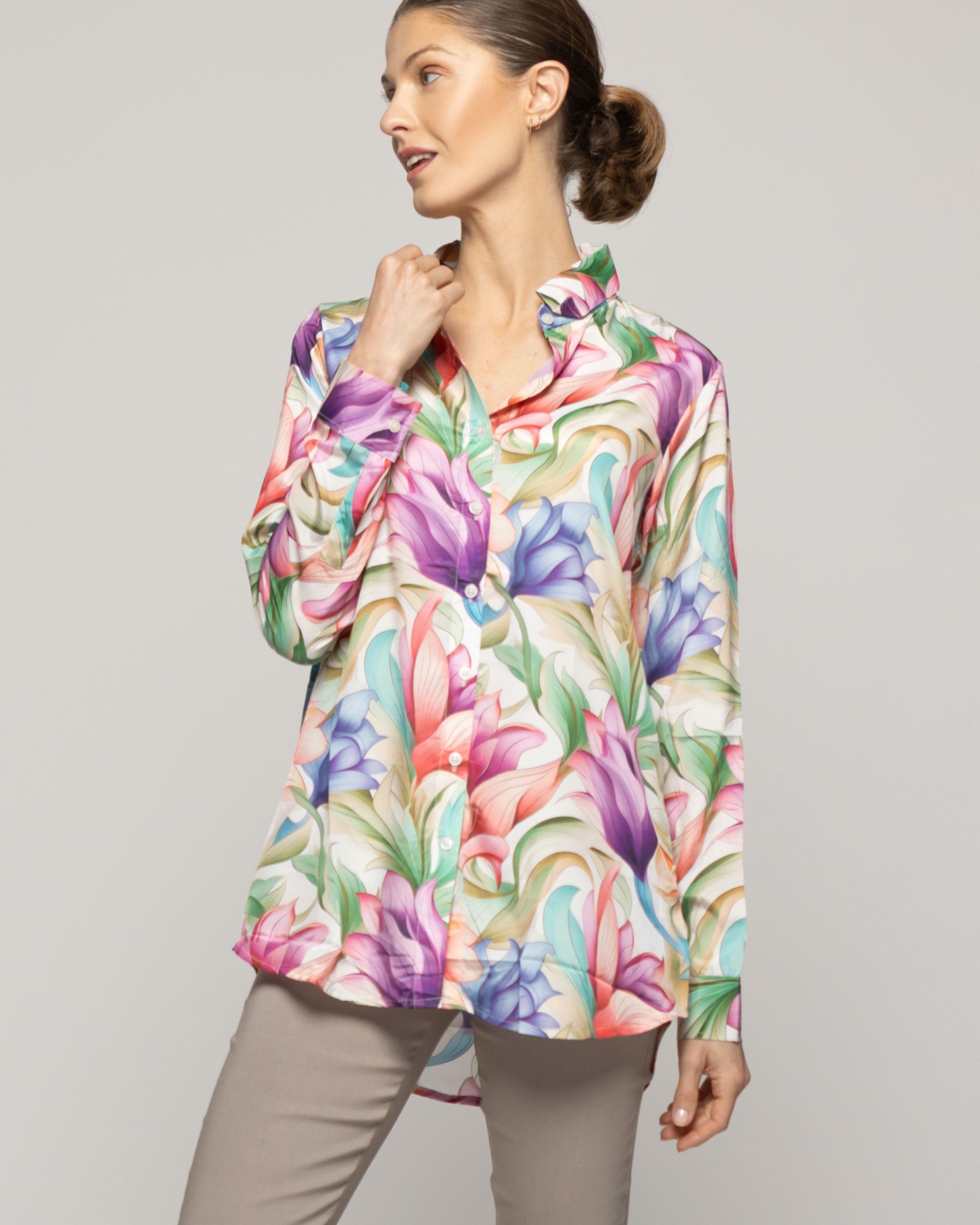 Blusón Mujer Beila Camisero Estampado Abstracto Artístico Multicolor Lineatre-3