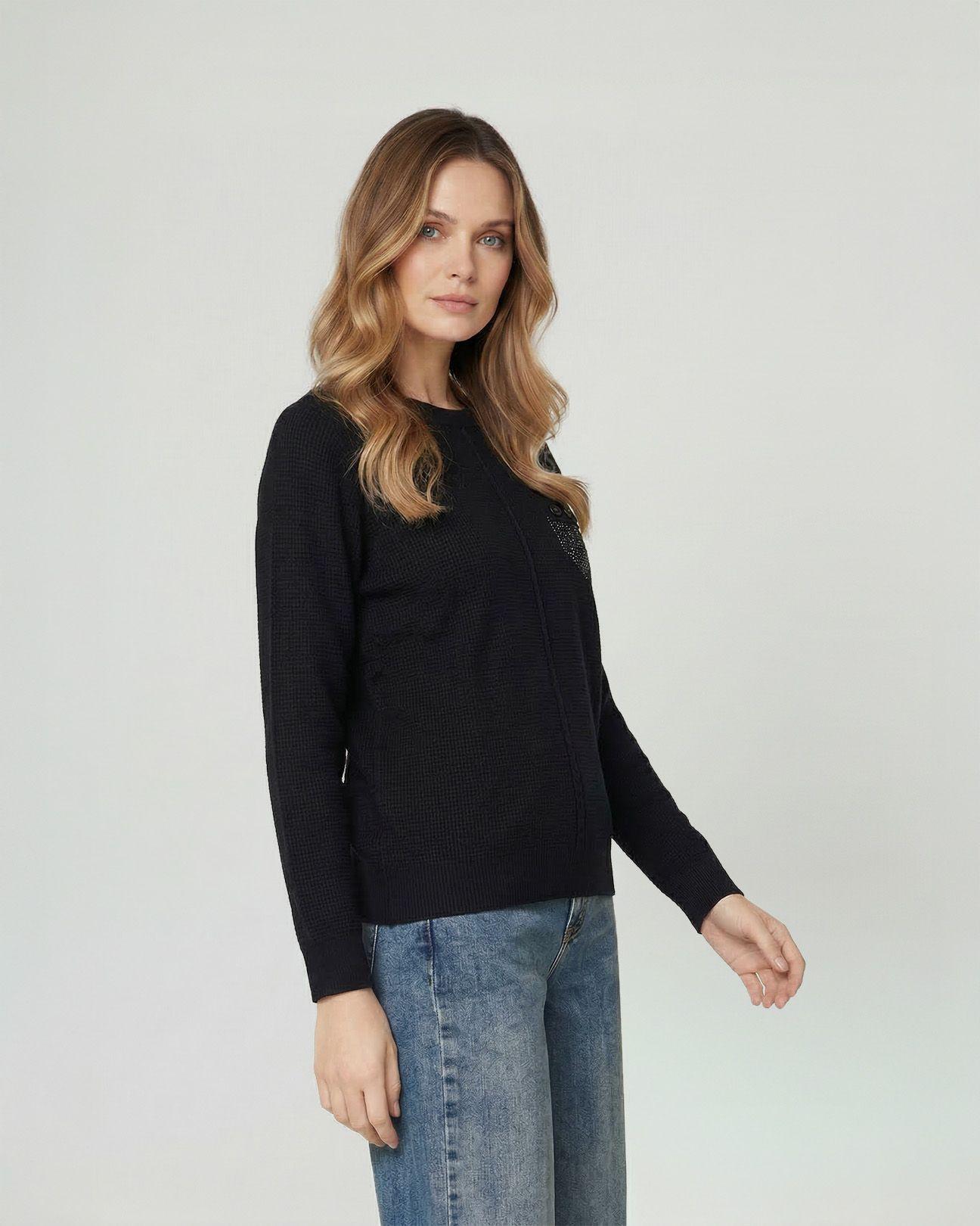 Sweater Mujer Renata Relaxed Cuello Redondo Manga Caída Negro Lineatre-0