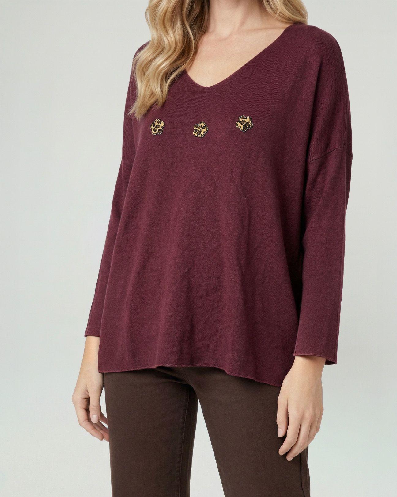 Sweater Mujer Elena Relaxed Cuello Redondo Manga Caída Vino Lineatre-2