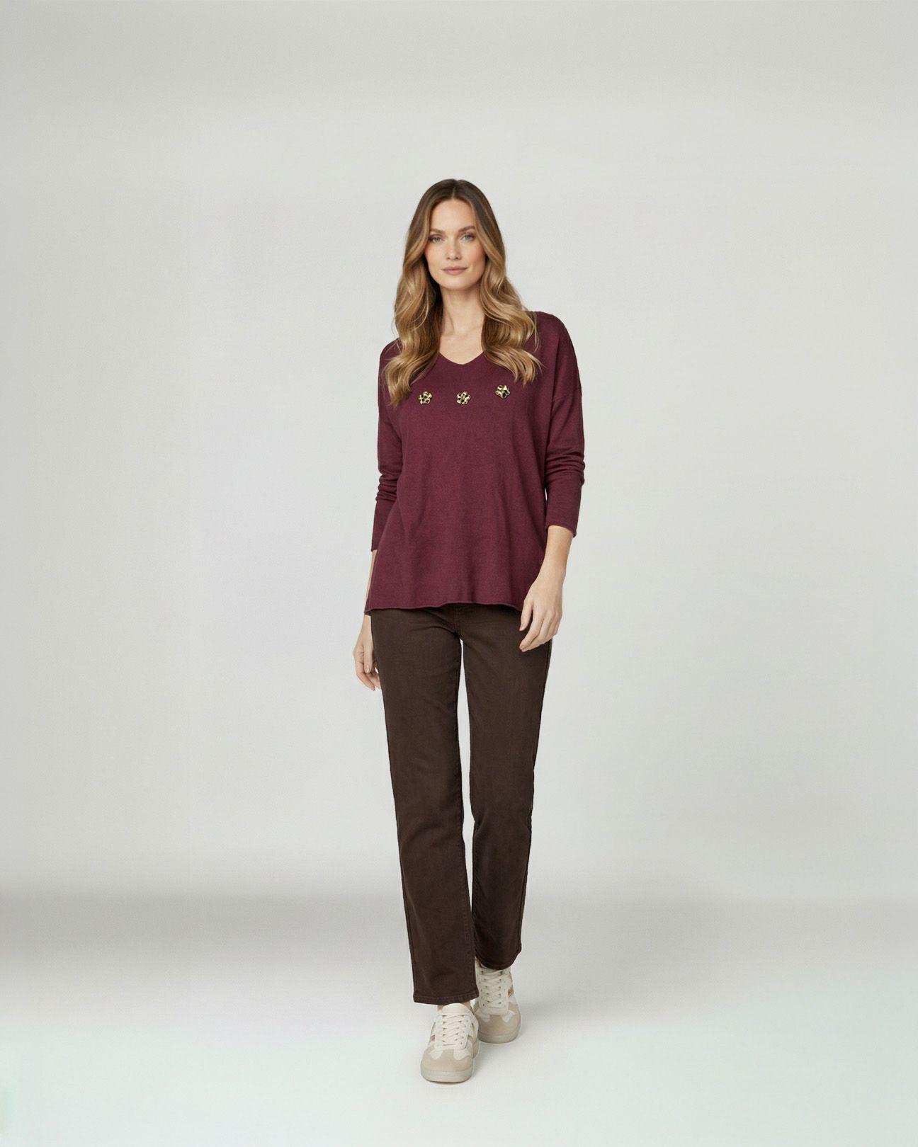 Sweater Mujer Elena Relaxed Cuello Redondo Manga Caída Vino Lineatre-3