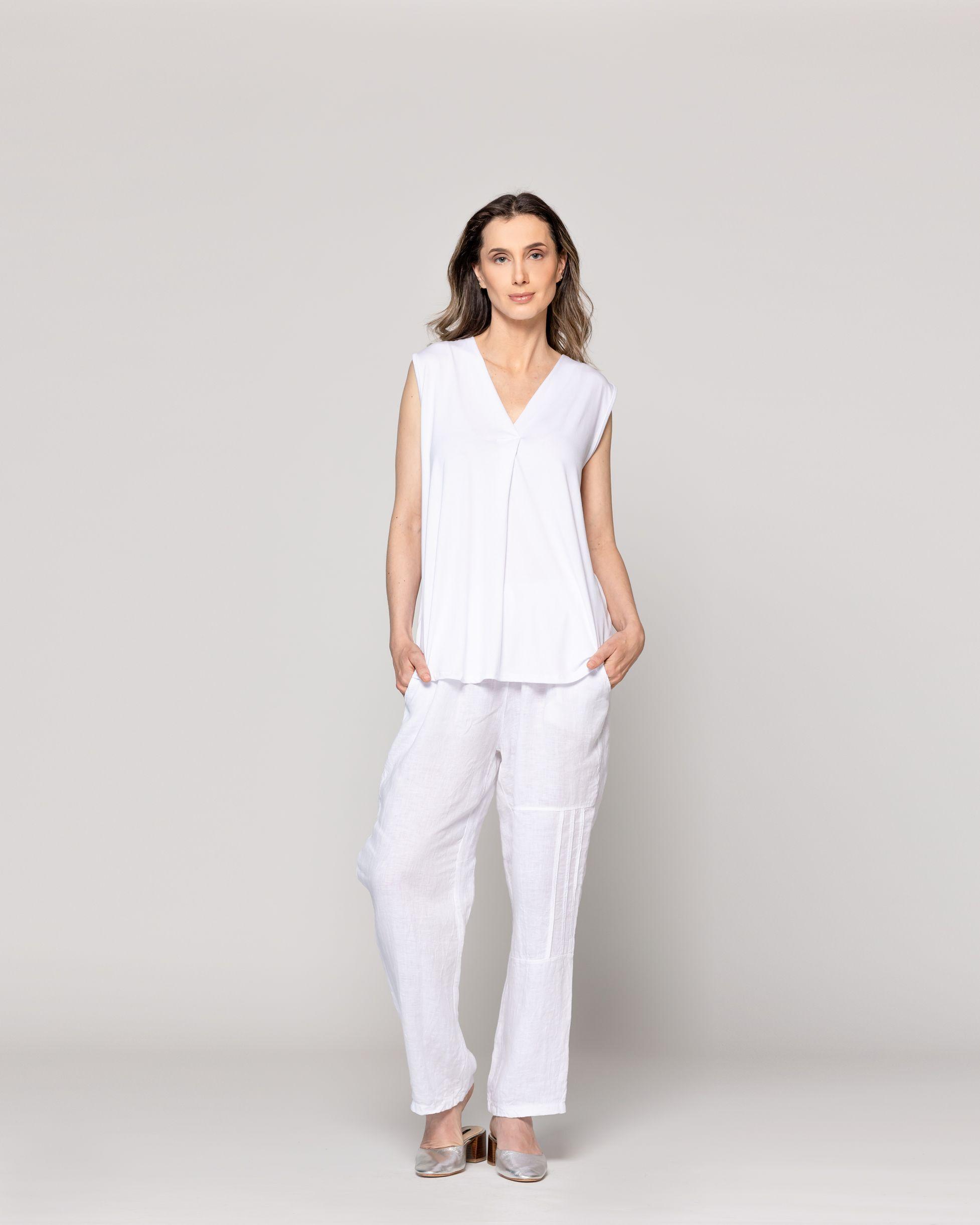 Polera Mujer Básica Olga Escote V Sin Mangas Blanca Lineatre-4