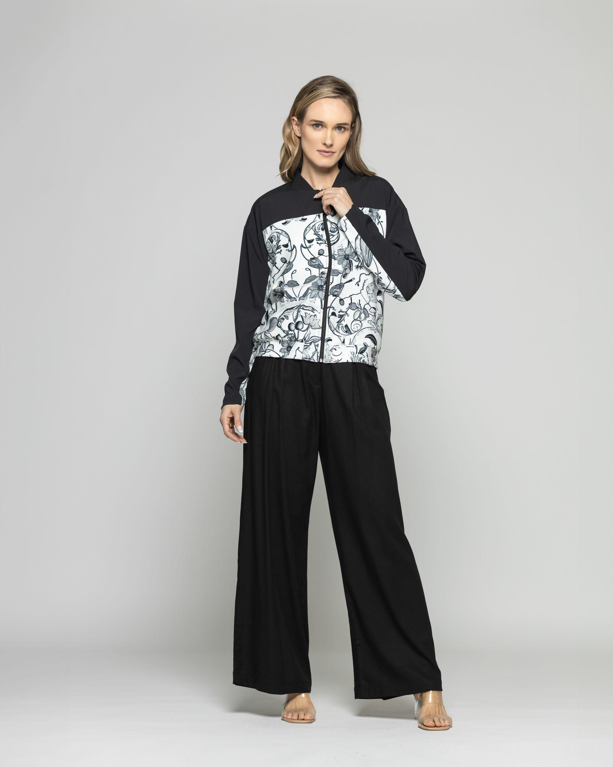 Chaqueta Mujer Lupino Bomber Estampado Botánico Negro Ludovica-2