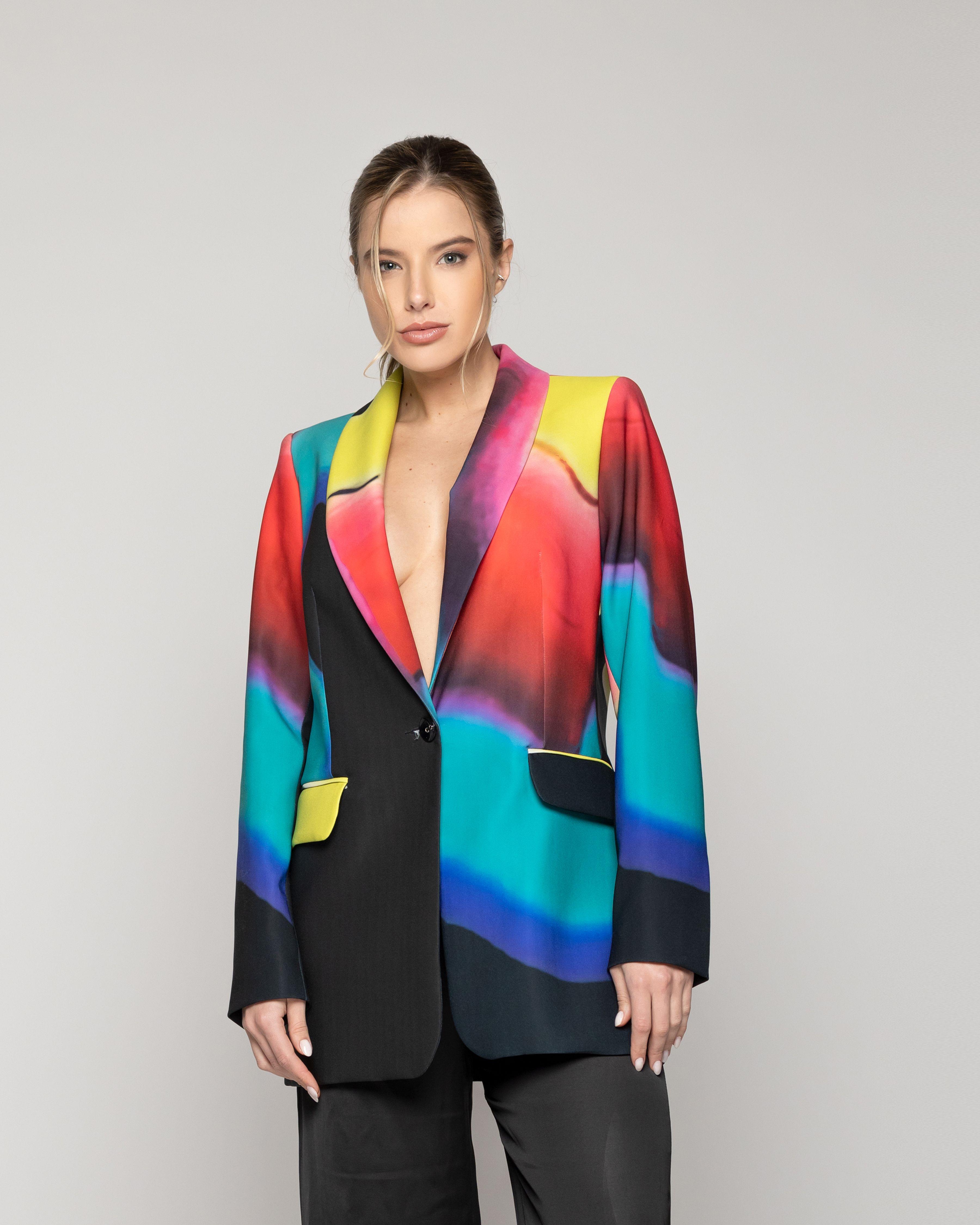 Chaqueta Mujer Cirene Tipo Blazer Con Estampado Multicolor Y Solapas Sastreras Lineatre-0