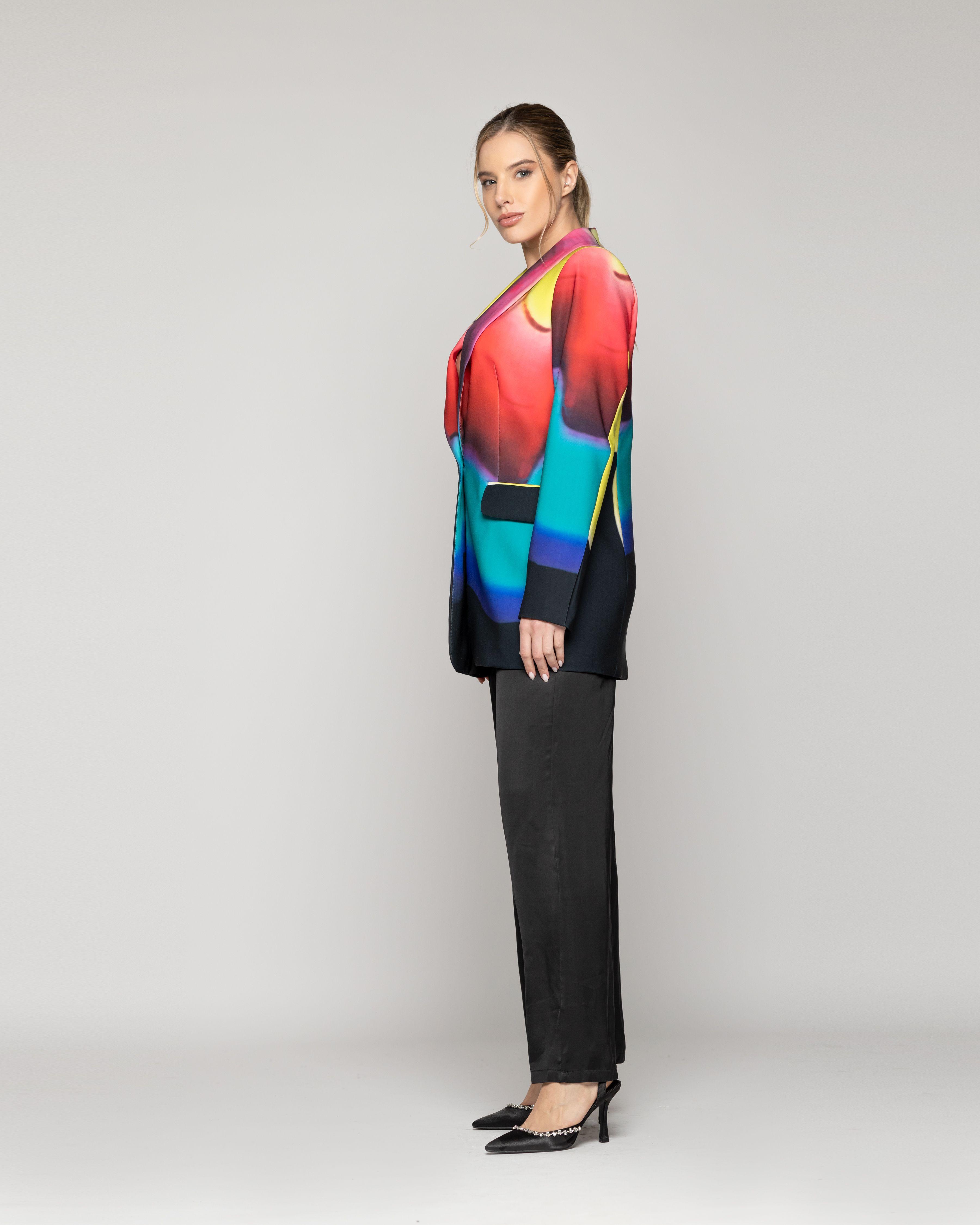 Chaqueta Mujer Cirene Tipo Blazer Con Estampado Multicolor Y Solapas Sastreras Lineatre-1