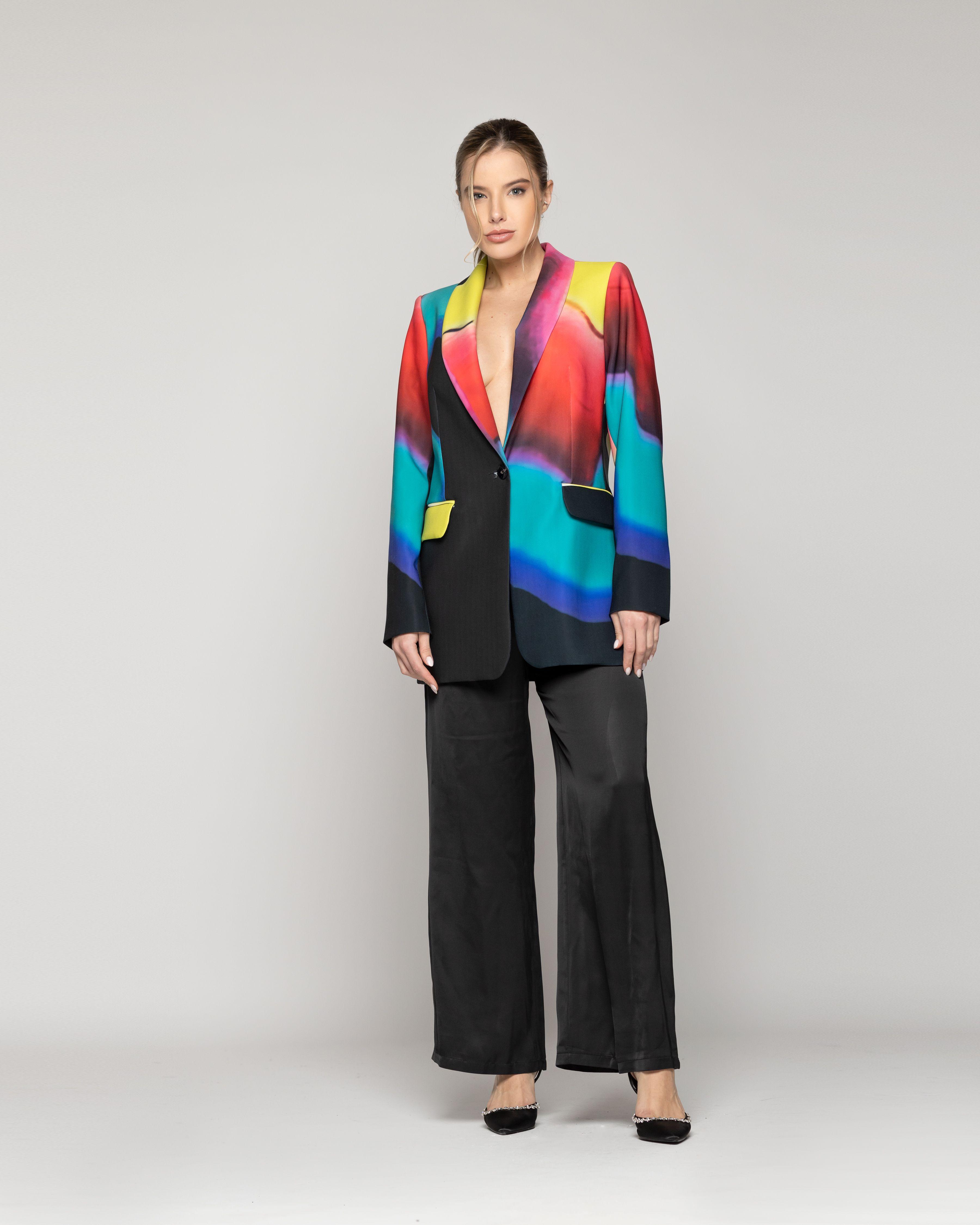 Chaqueta Mujer Cirene Tipo Blazer Con Estampado Multicolor Y Solapas Sastreras Lineatre-4
