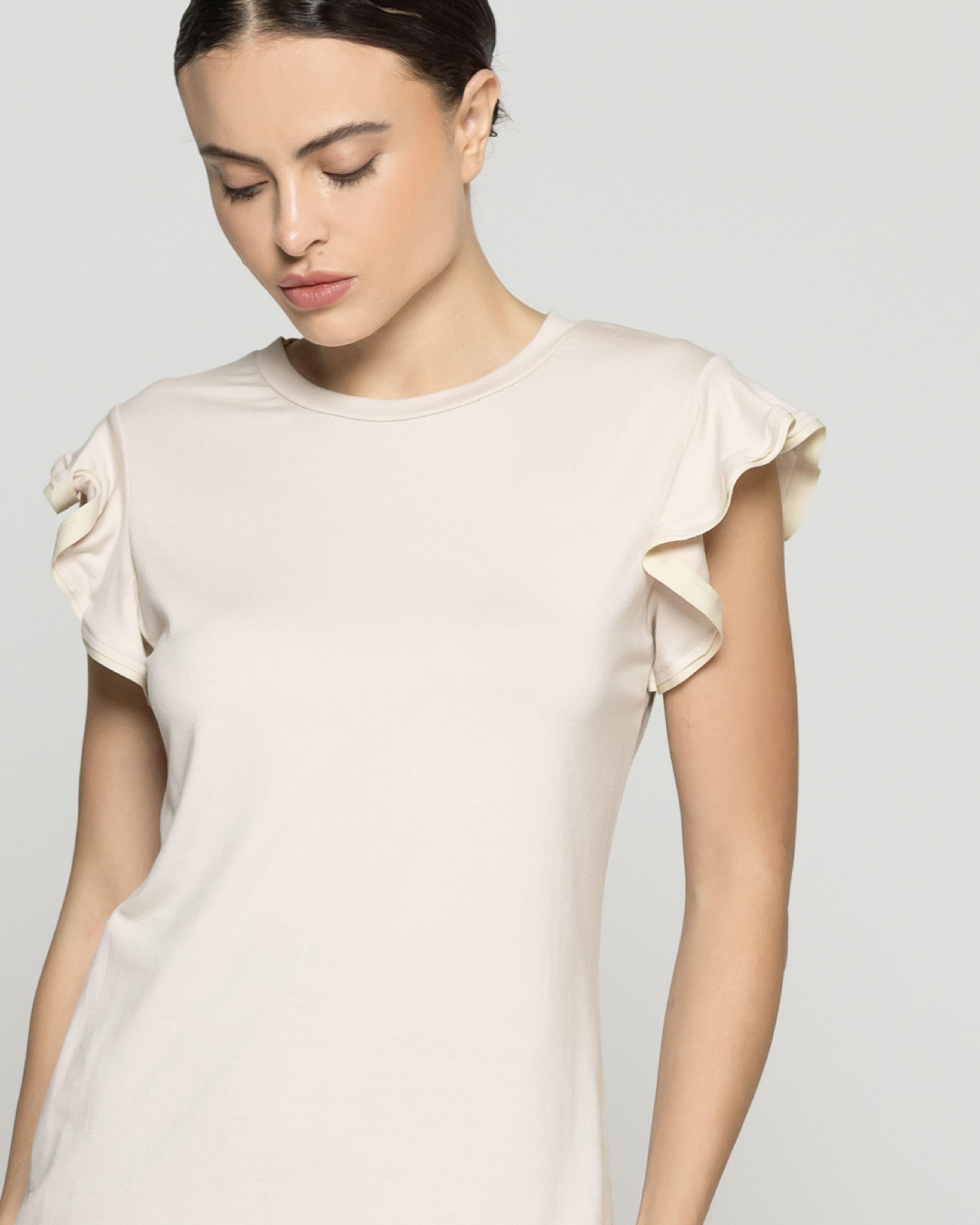 Polera Mujer Básica Ondina Manga Corta Con Volantes Beige Lineatre-2