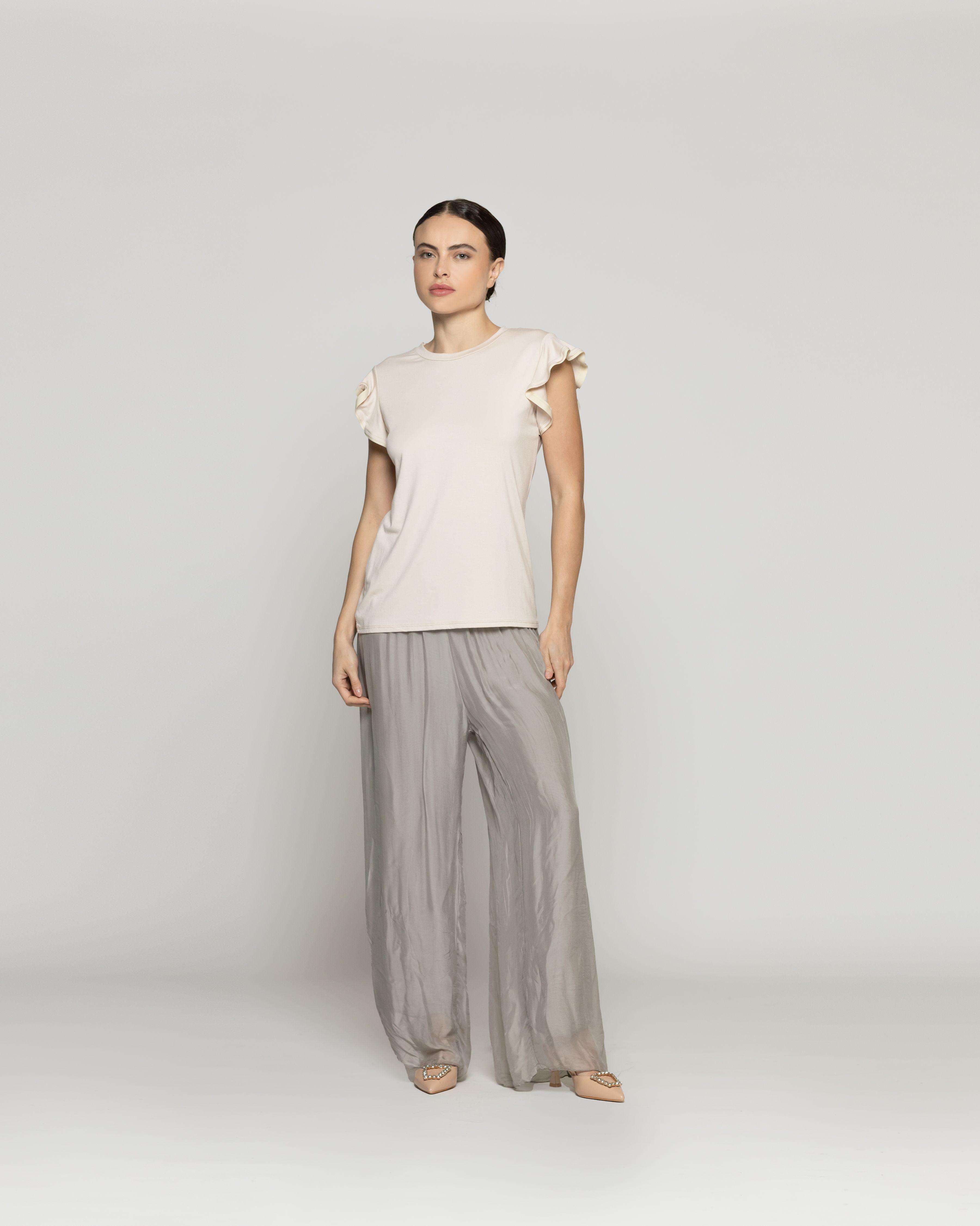 Polera Mujer Básica Ondina Manga Corta Con Volantes Beige Lineatre-4