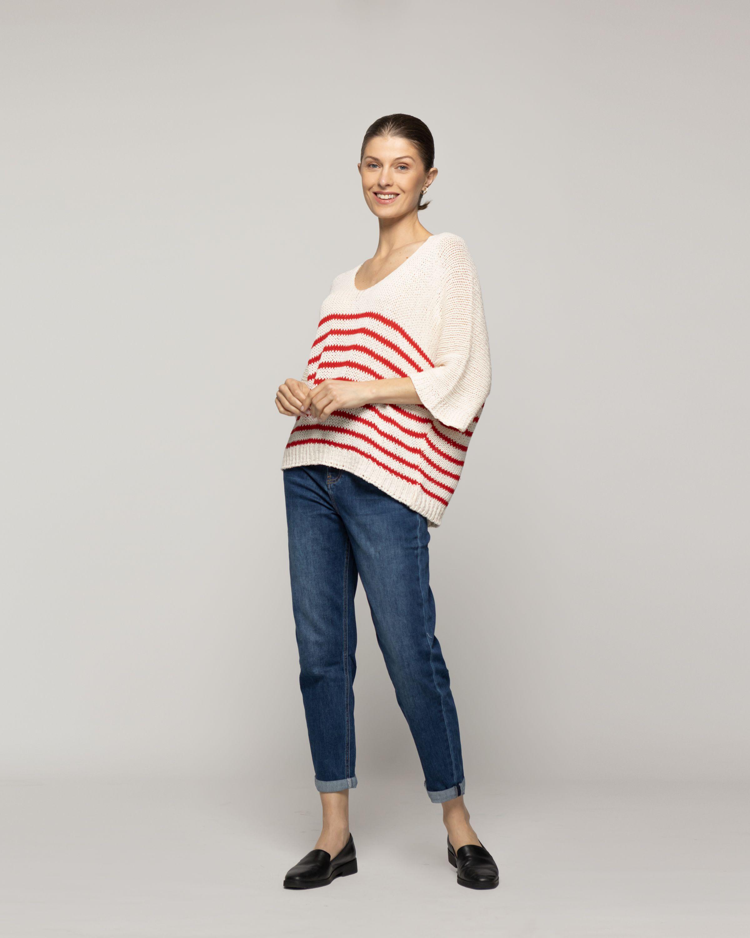 Sweater Wilmary Escote Redondo  Mangas 3/4 Rayas Rojo Lineatre-4