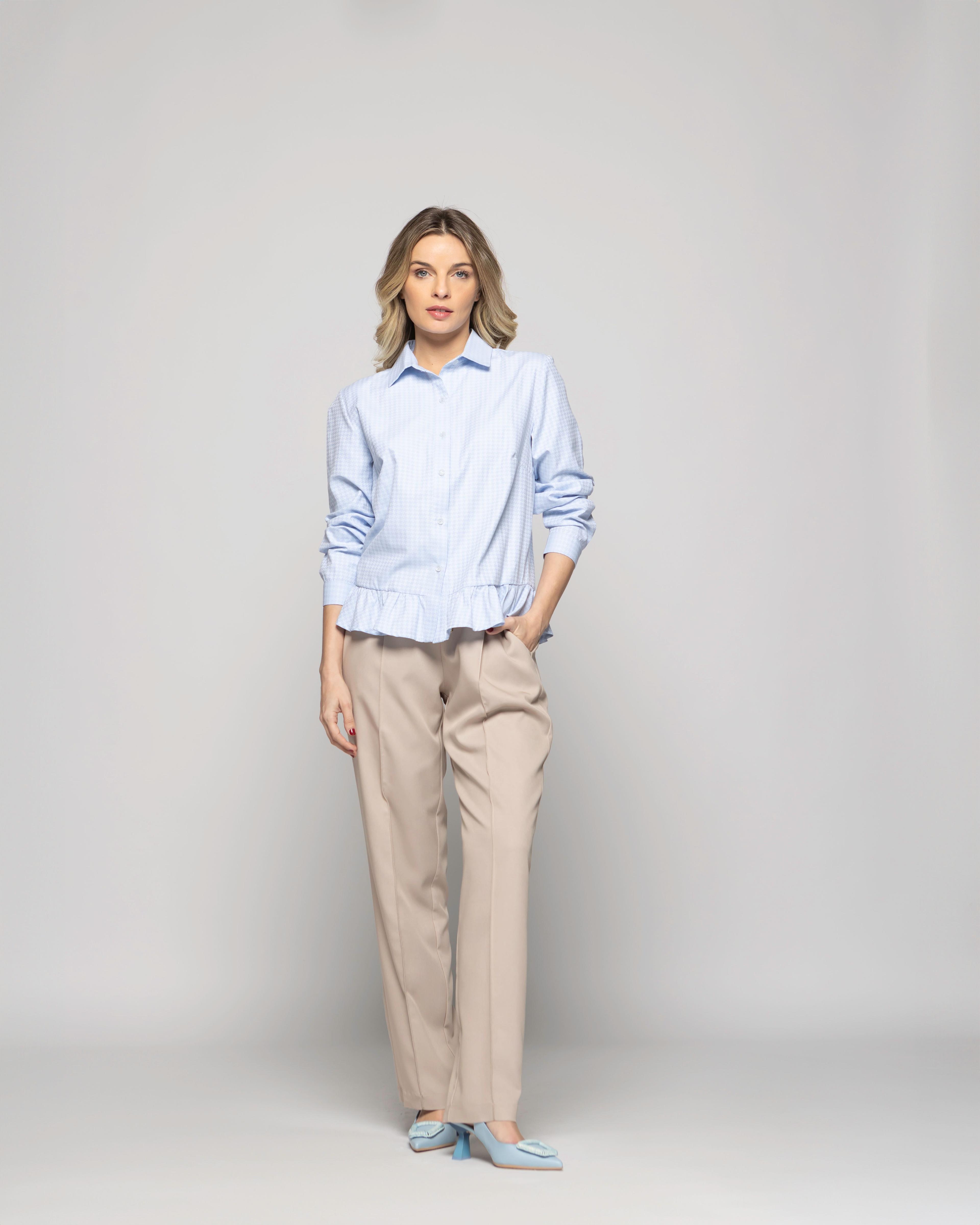 Blusa Mujer Cala Camisera Houndstooth Con Volante En Basta Celeste Ludovica-0