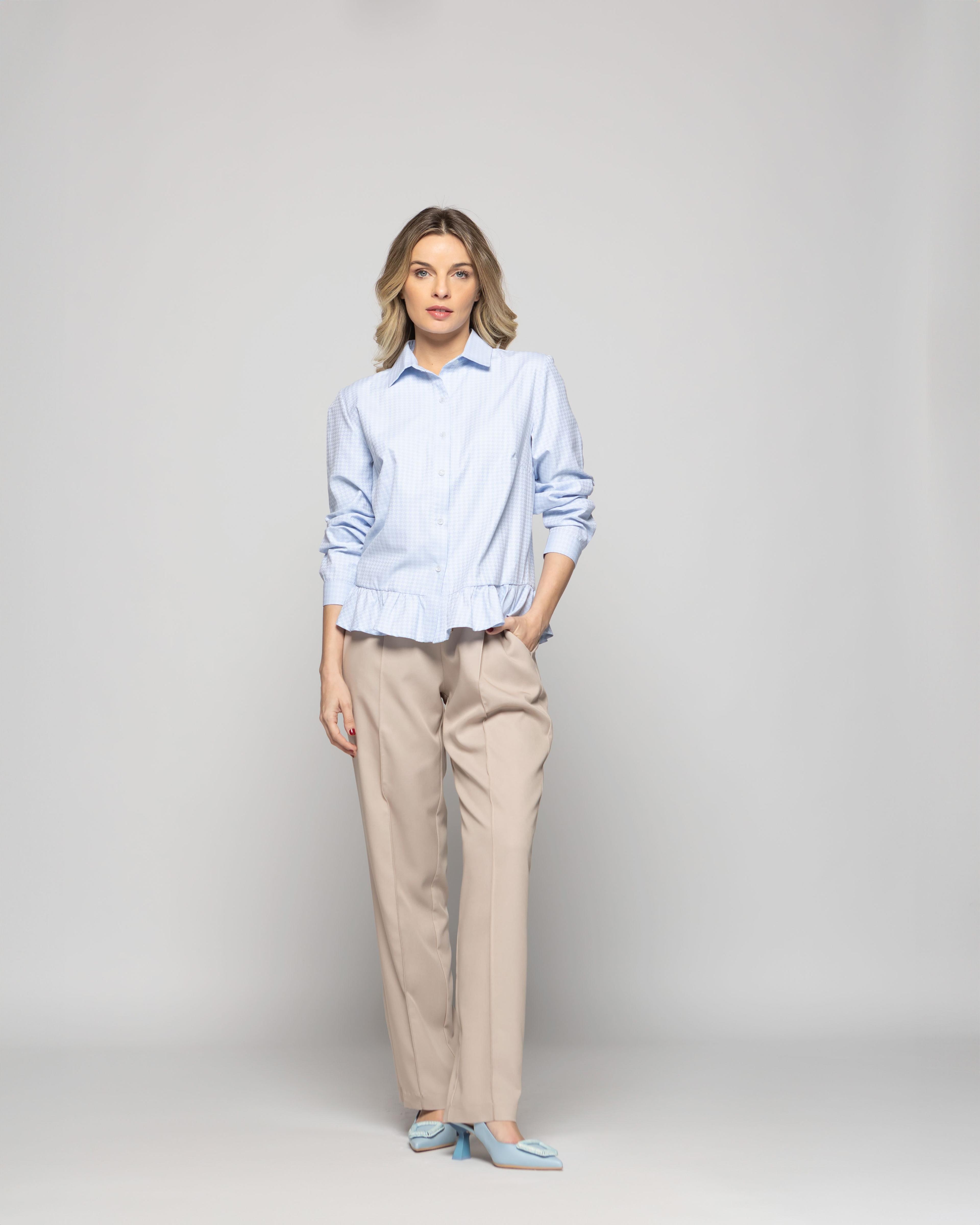 Blusa Mujer Cala Camisera Houndstooth Con Volante En Basta Celeste Ludovica-1