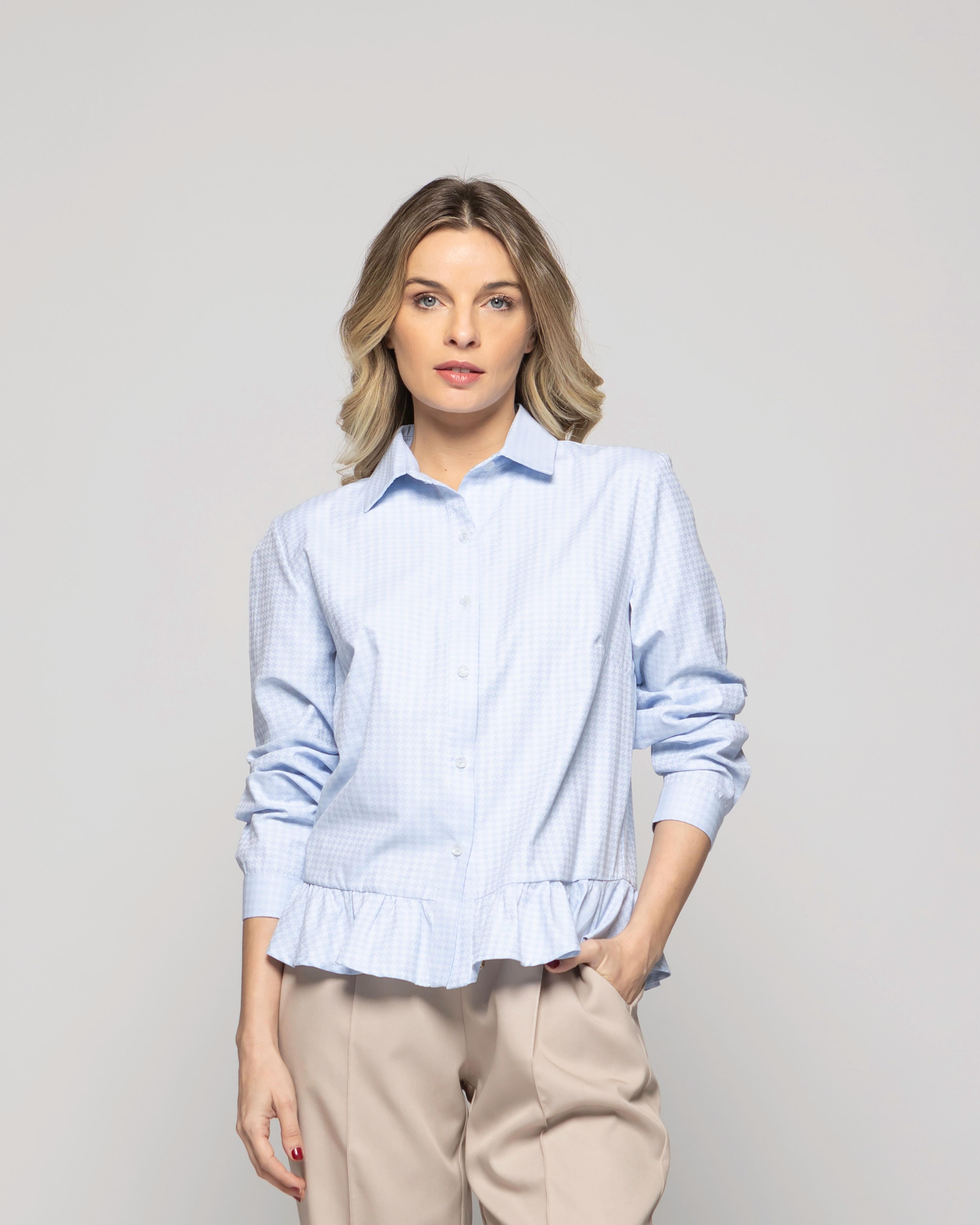 Blusa Mujer Cala Camisera Houndstooth Con Volante En Basta Celeste Ludovica-2