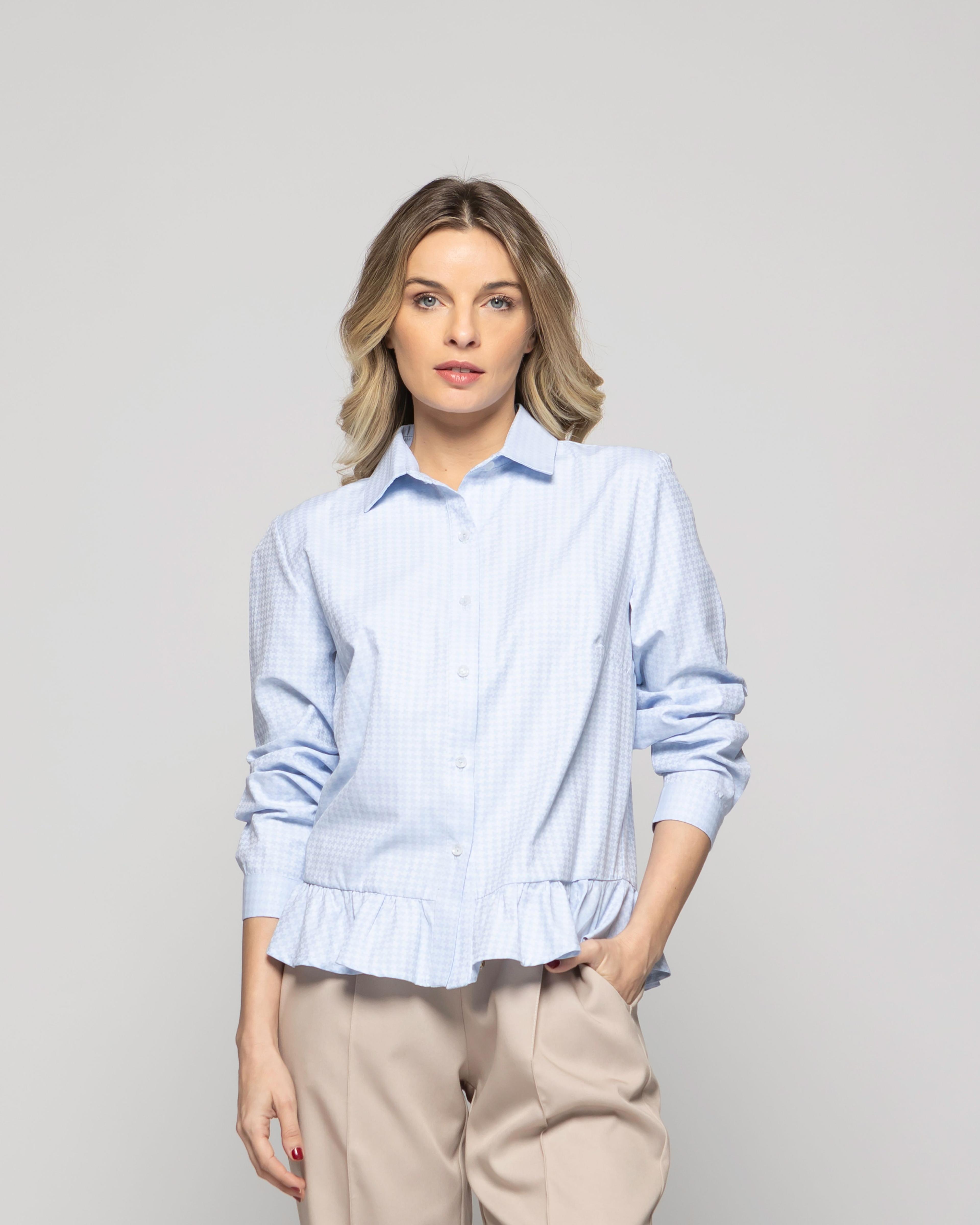 Blusa Mujer Cala Camisera Houndstooth Con Volante En Basta Celeste Ludovica-3