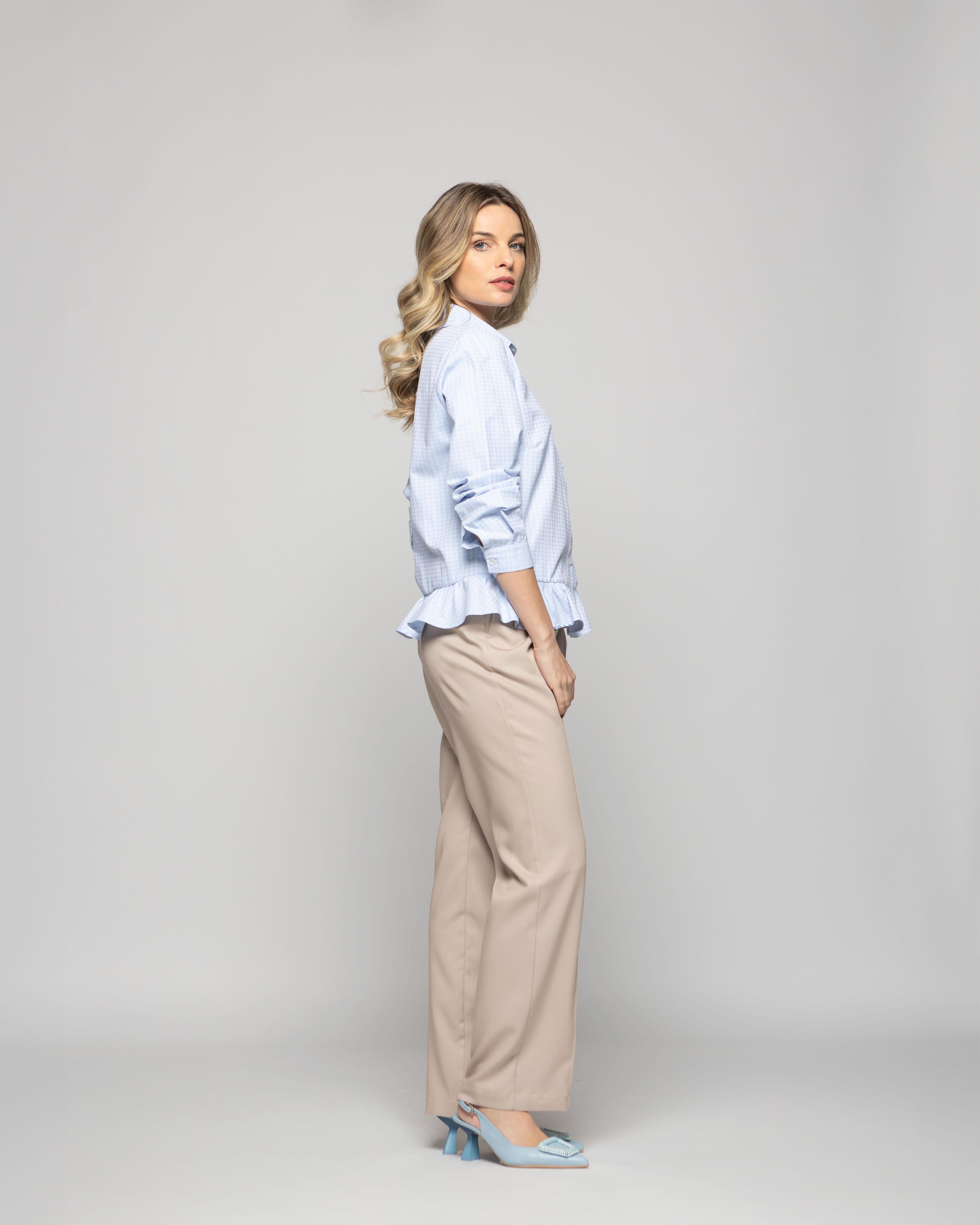 Blusa Mujer Cala Camisera Houndstooth Con Volante En Basta Celeste Ludovica-9