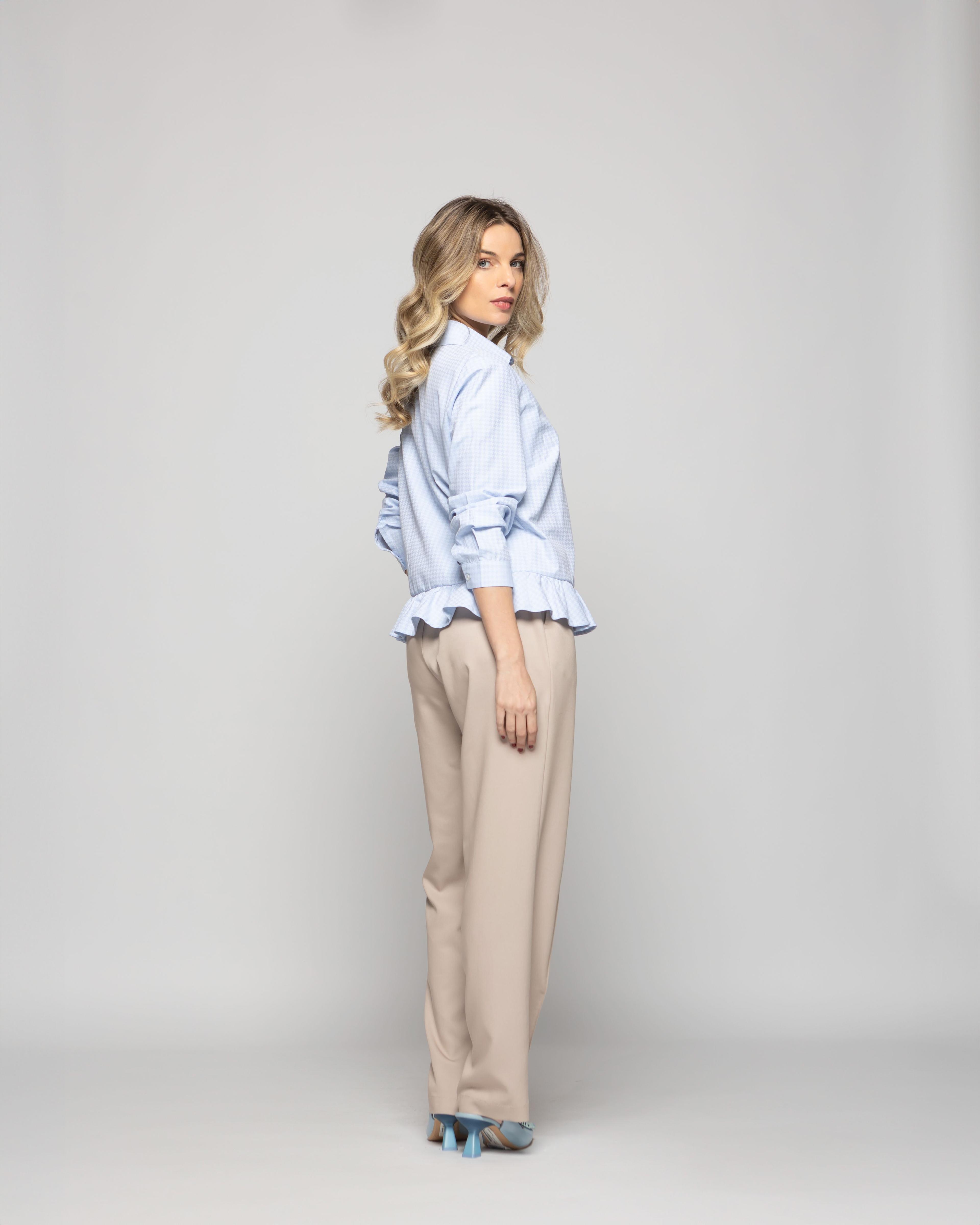 Blusa Mujer Cala Camisera Houndstooth Con Volante En Basta Celeste Ludovica-7