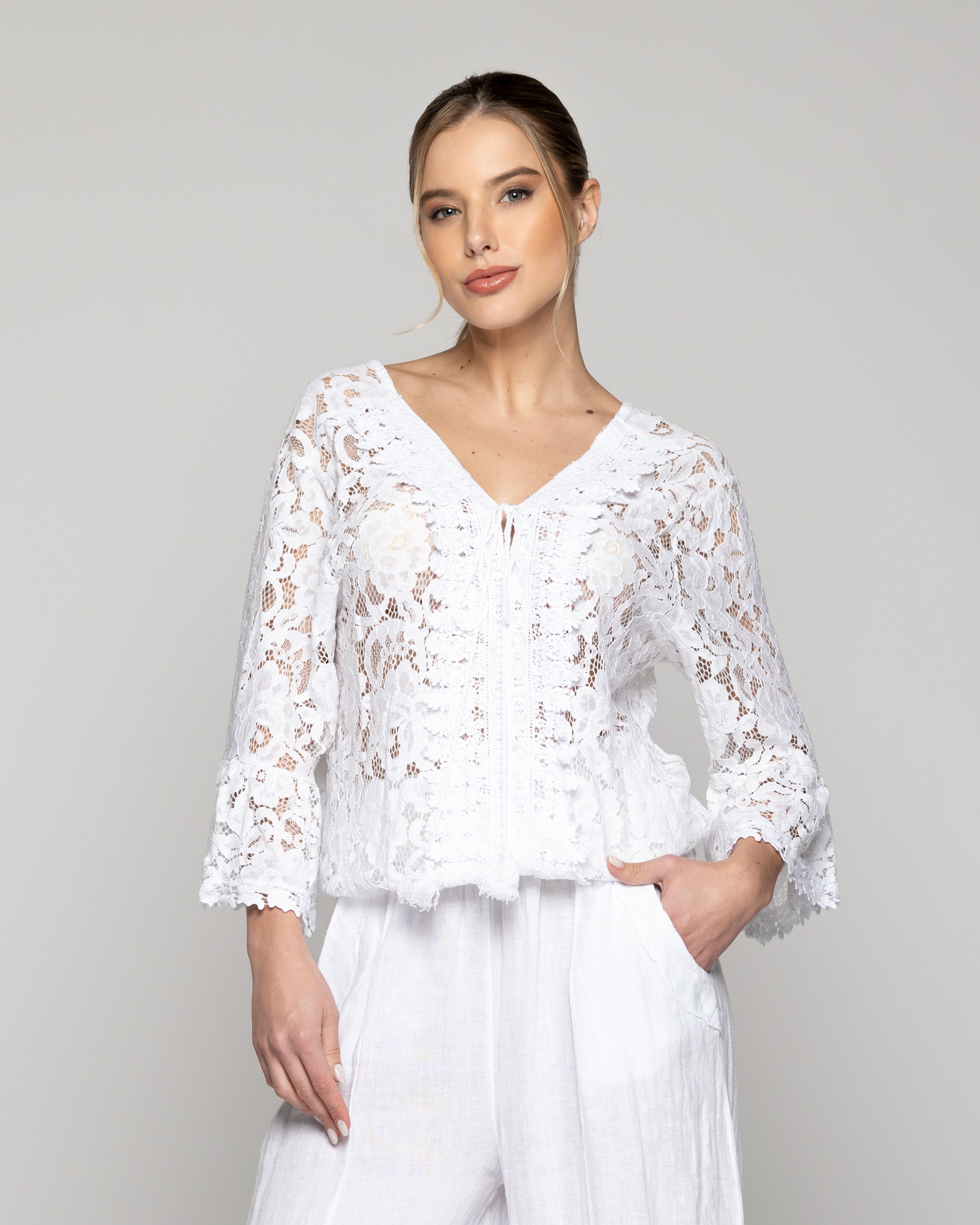 Blusa Mujer Begoña De Encaje Florar Escote V Blanca Lineatre-0
