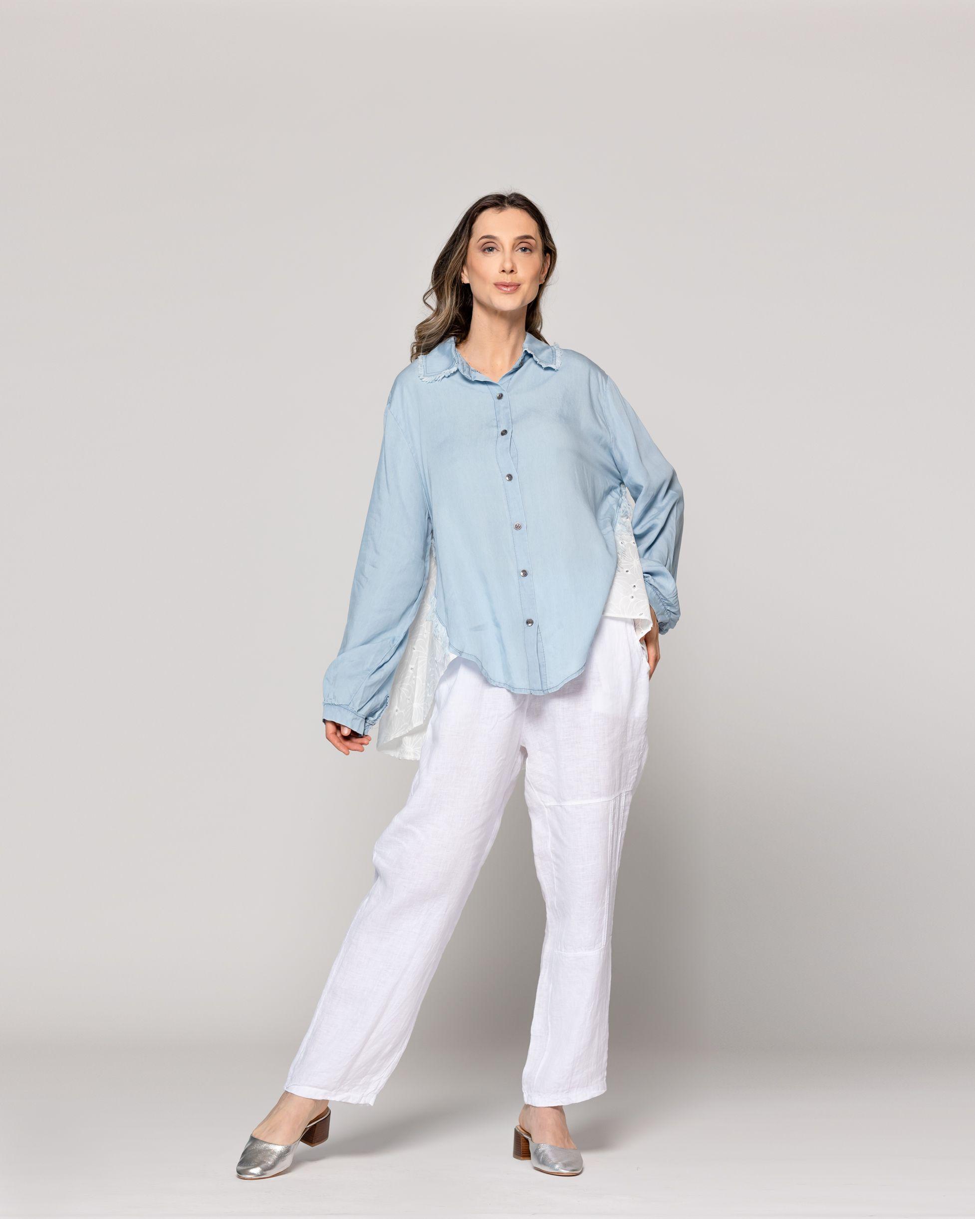 Blusa Mujer Becca Camisera Con Broderie Celeste Lineatre-4