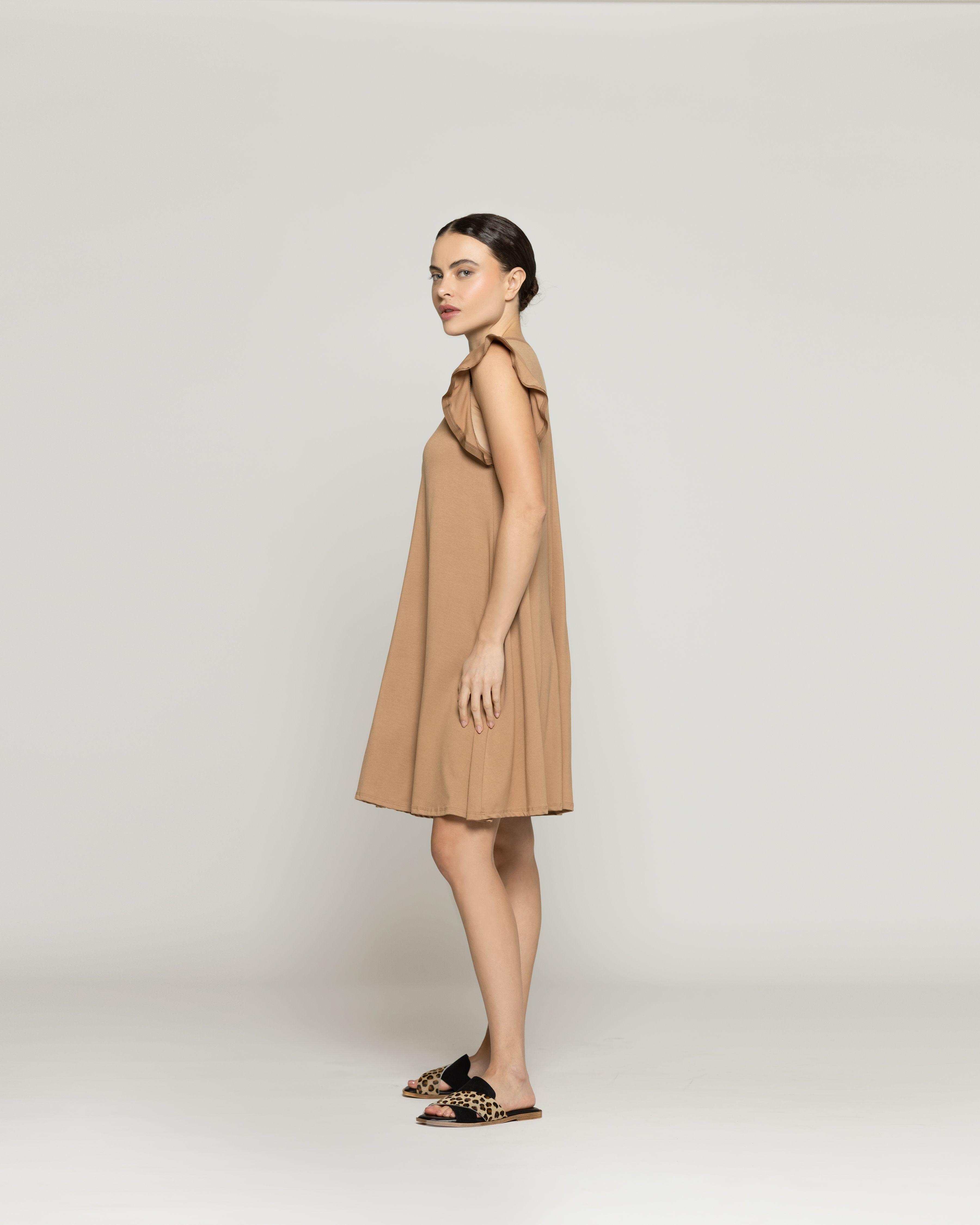 Vestido Mujer Venecia Manga Corta Con Vuelos Café Camel Lineatre-2