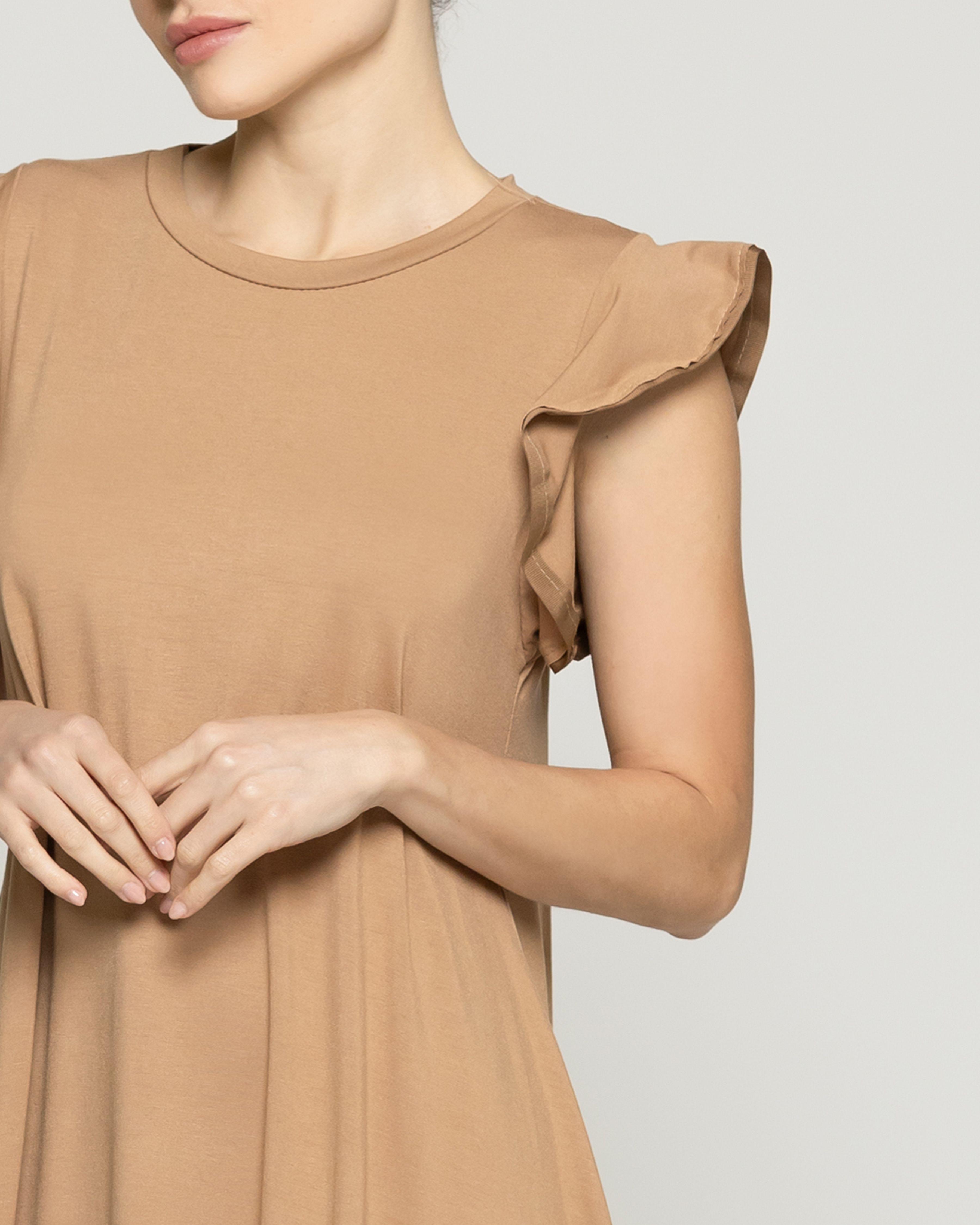 Vestido Mujer Venecia Manga Corta Con Vuelos Café Camel Lineatre-3