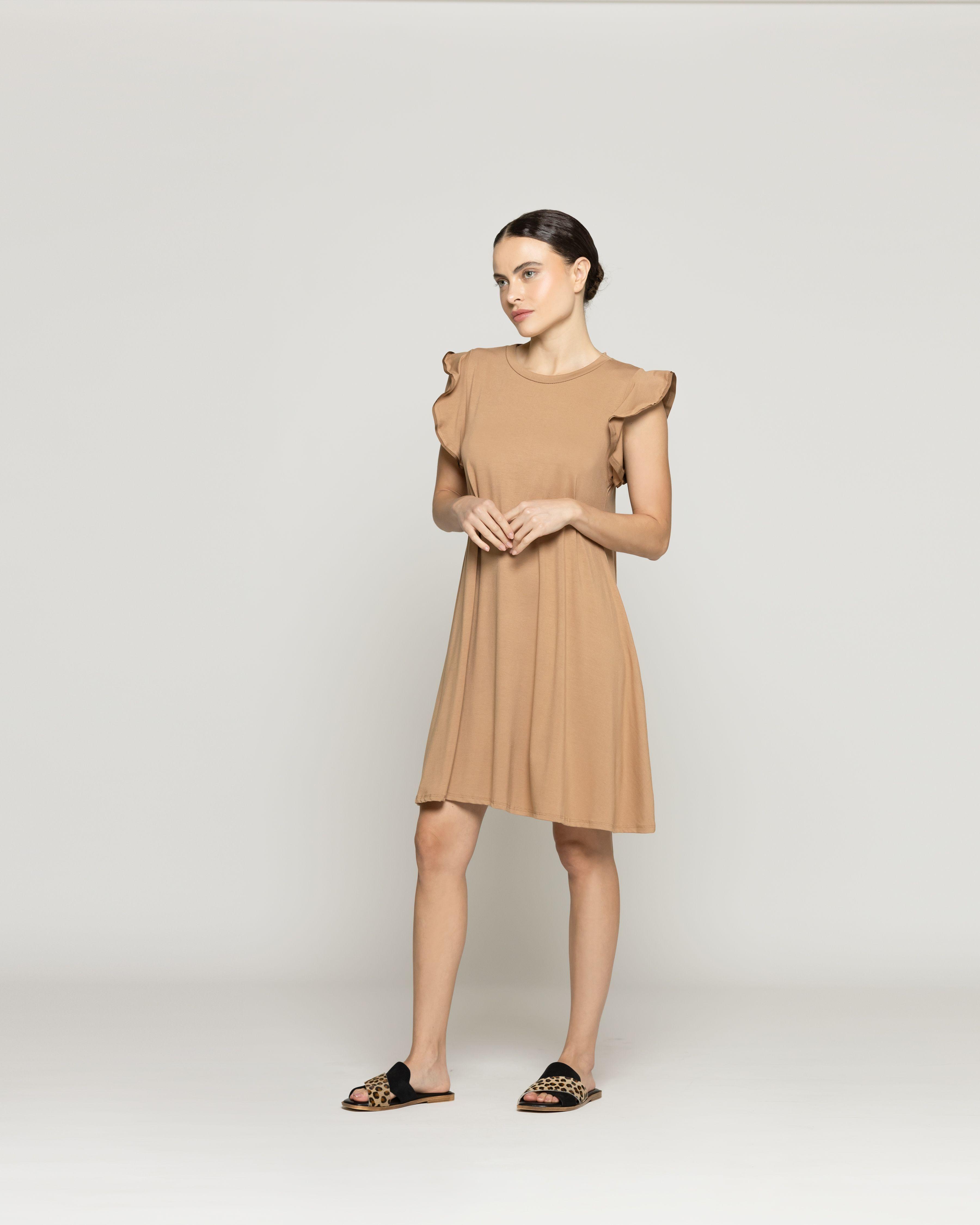 Vestido Mujer Venecia Manga Corta Con Vuelos Café Camel Lineatre-4