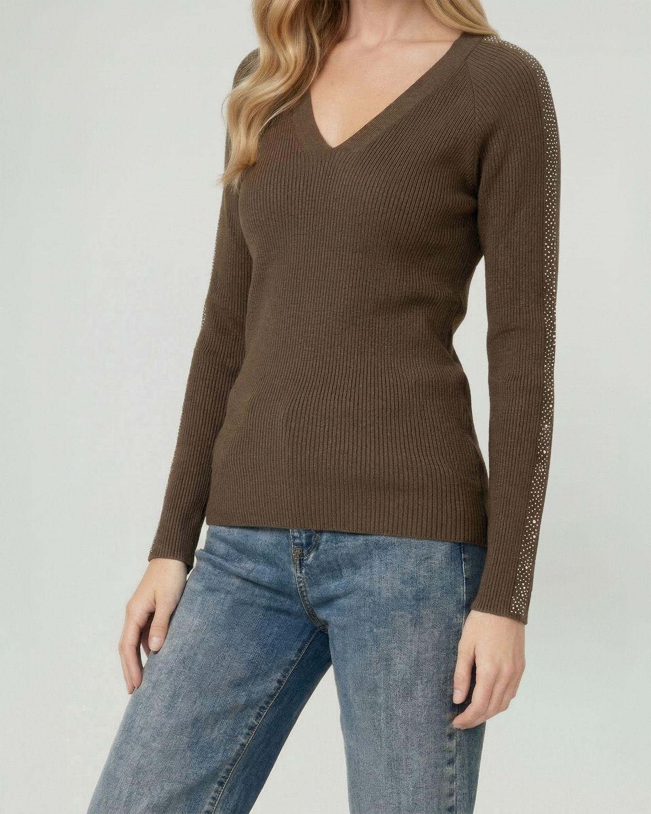 Sweater Mujer Ornella Relaxed Cuello En V Manga Caída Chocolate Lineatre-2