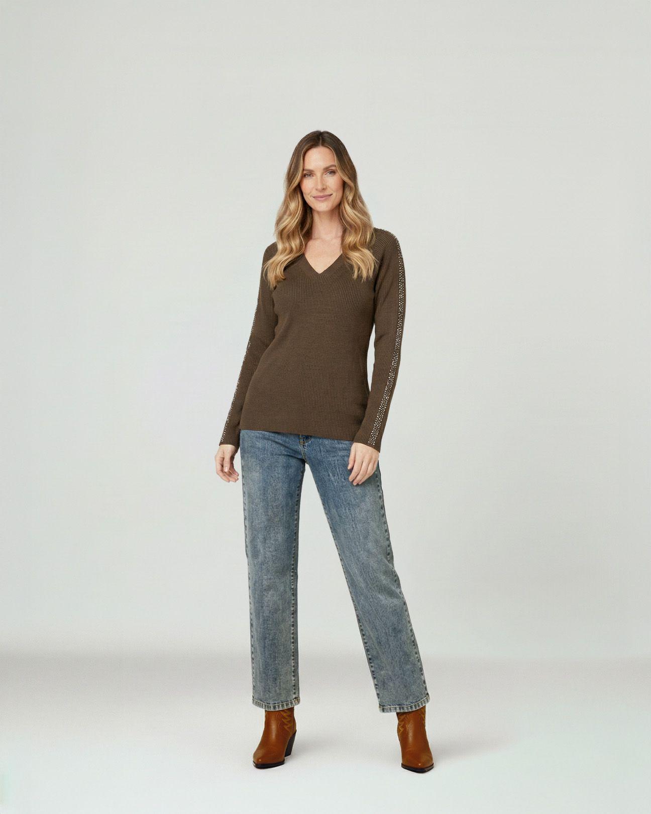 Sweater Mujer Ornella Relaxed Cuello En V Manga Caída Chocolate Lineatre-3