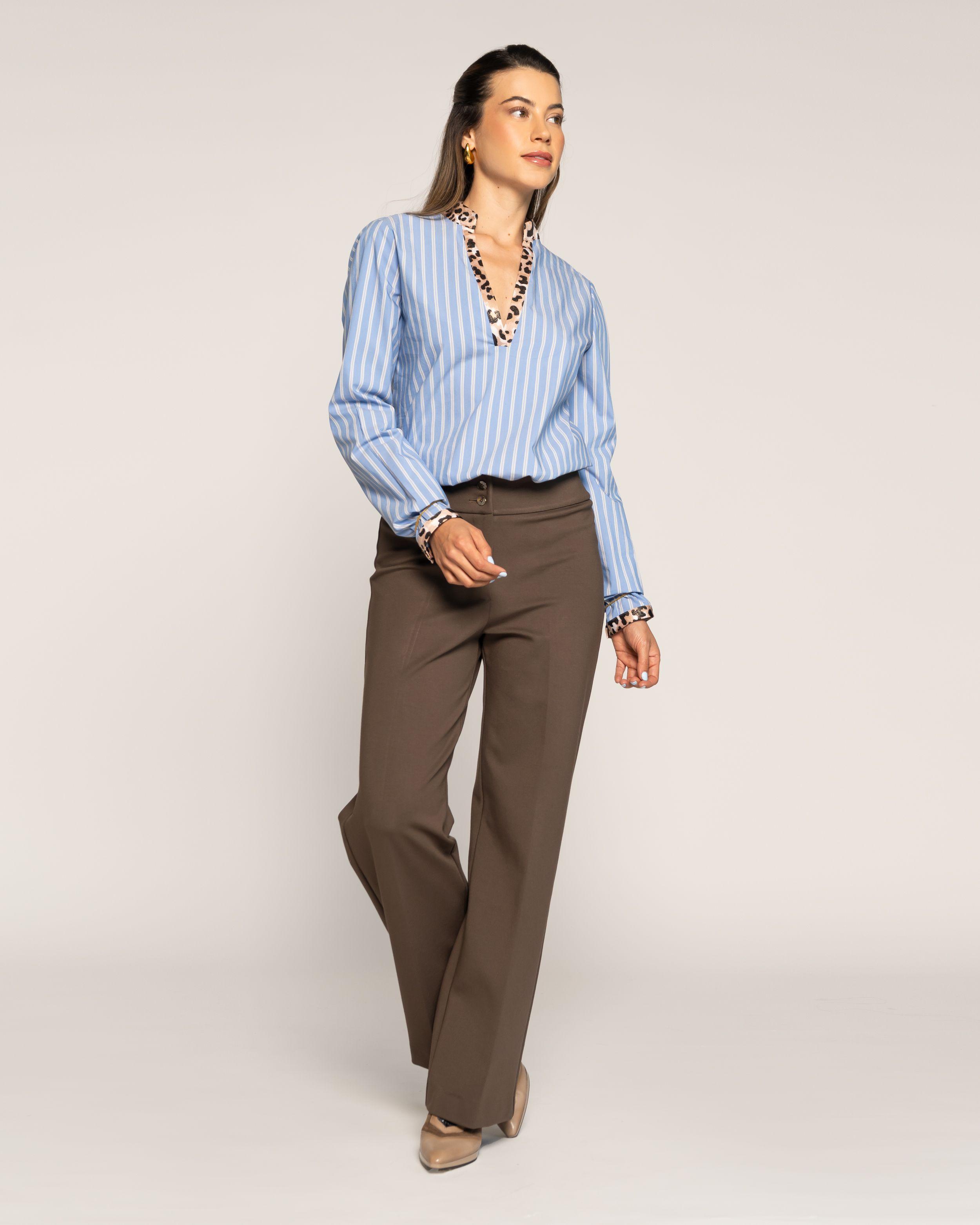 Blusa Inés Celeste Ajustada Cuello V Manga Larga Ludovica-1