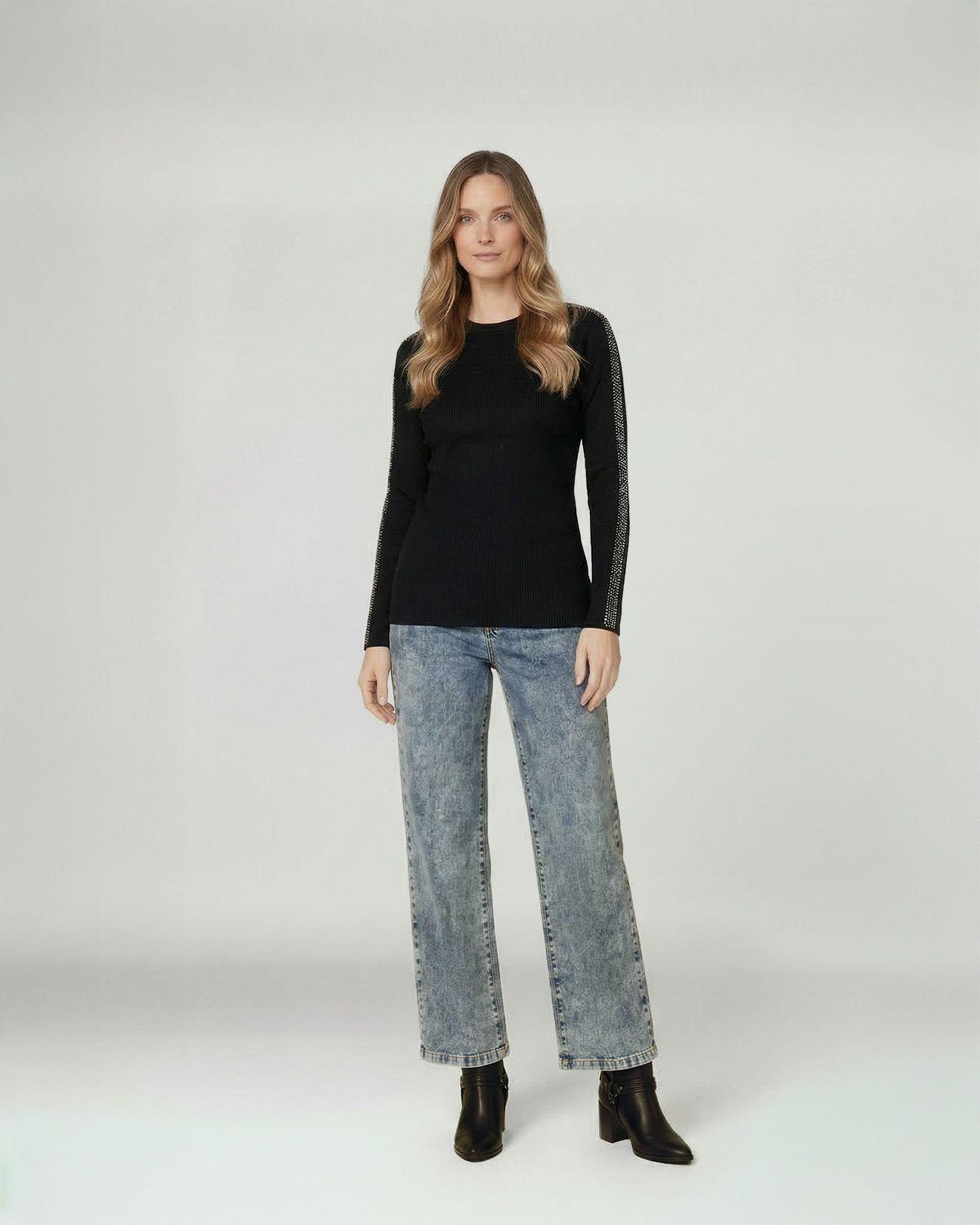 Sweater Mujer Giuliana Slim Fit Cuello Redondo Manga Caída Negro Lineatre-3