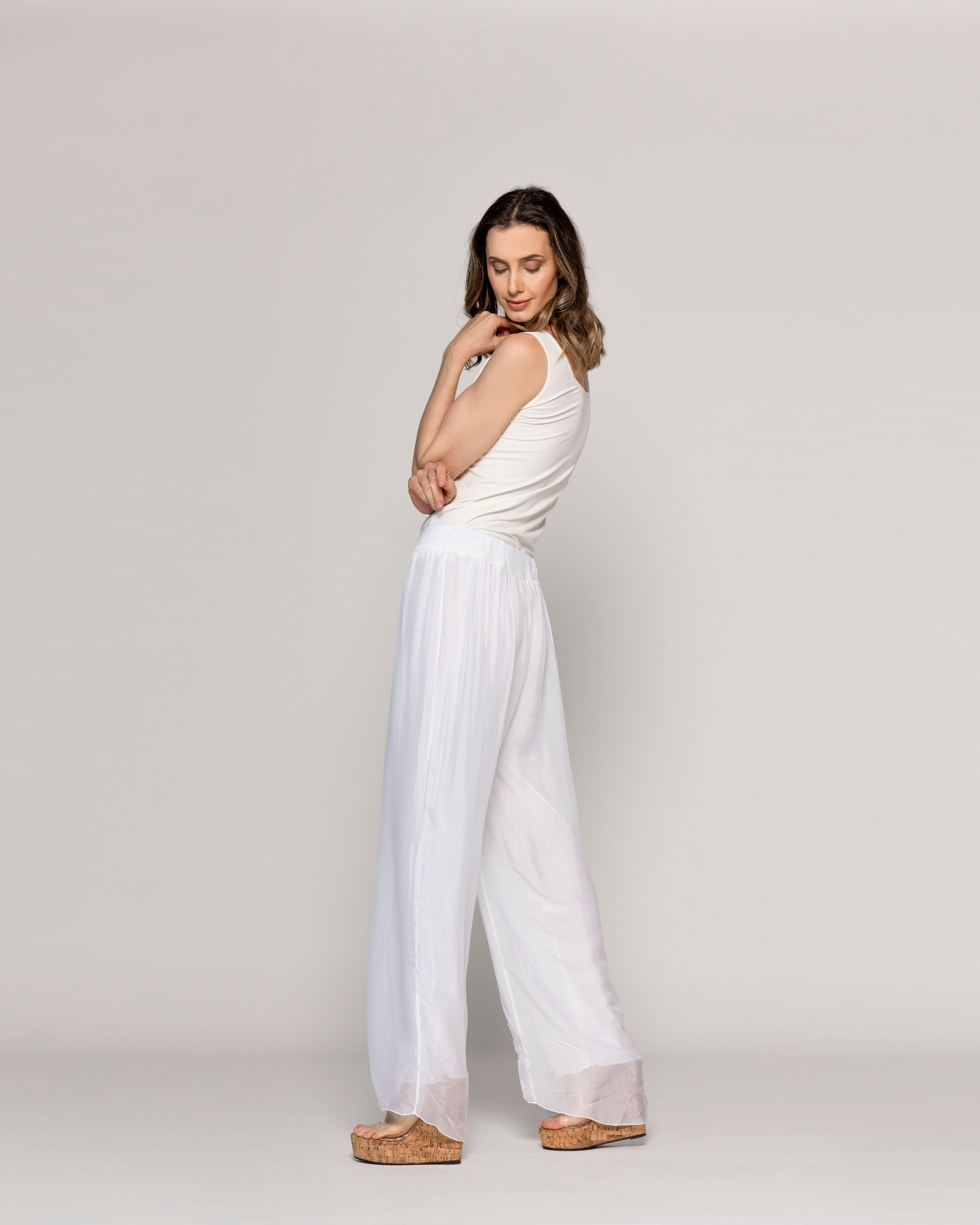 Pantalón Mujer Perla Palazzo Tipo Satín Blanco Lineatre-2