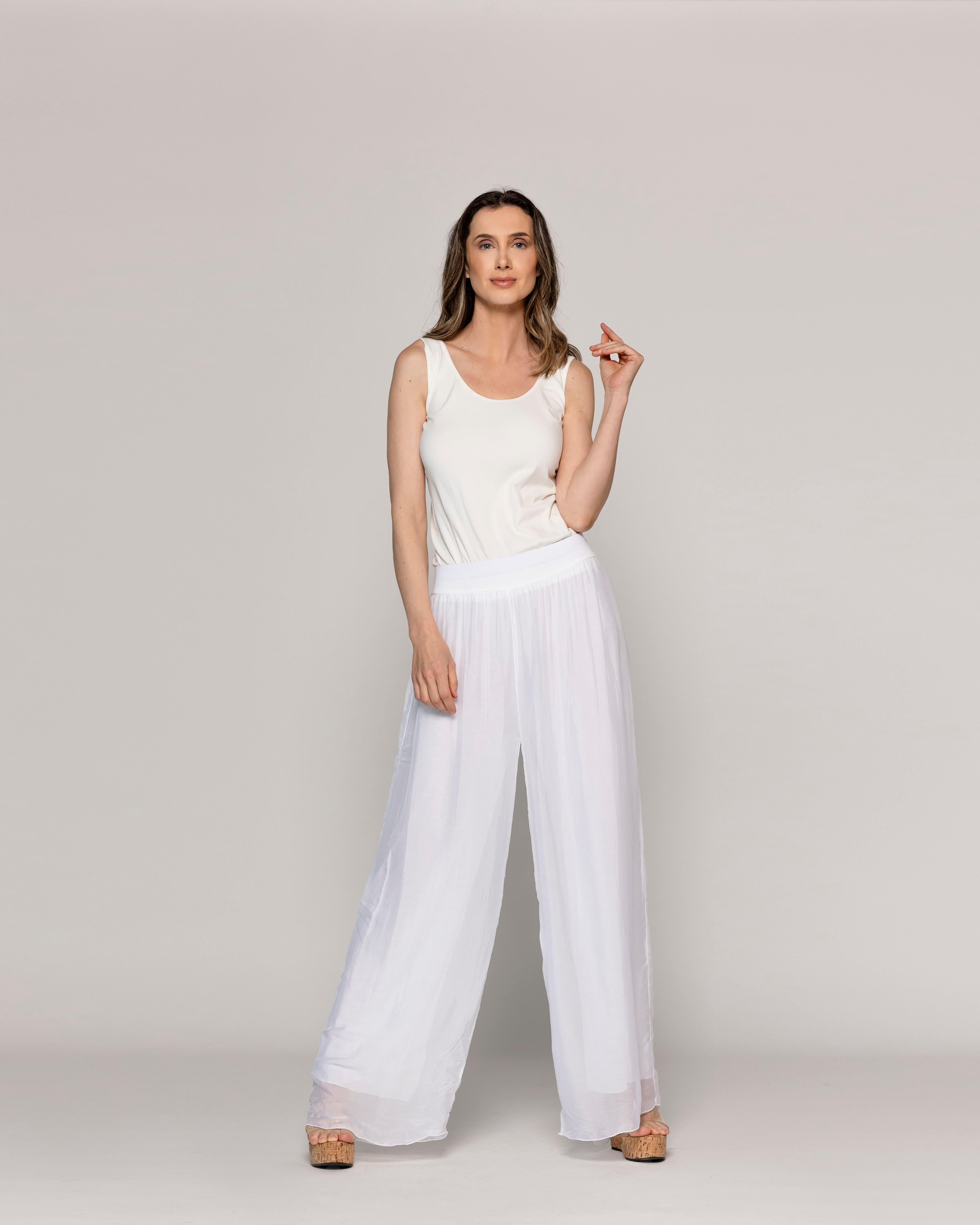 Pantalón Mujer Perla Palazzo Tipo Satín Blanco Lineatre-4