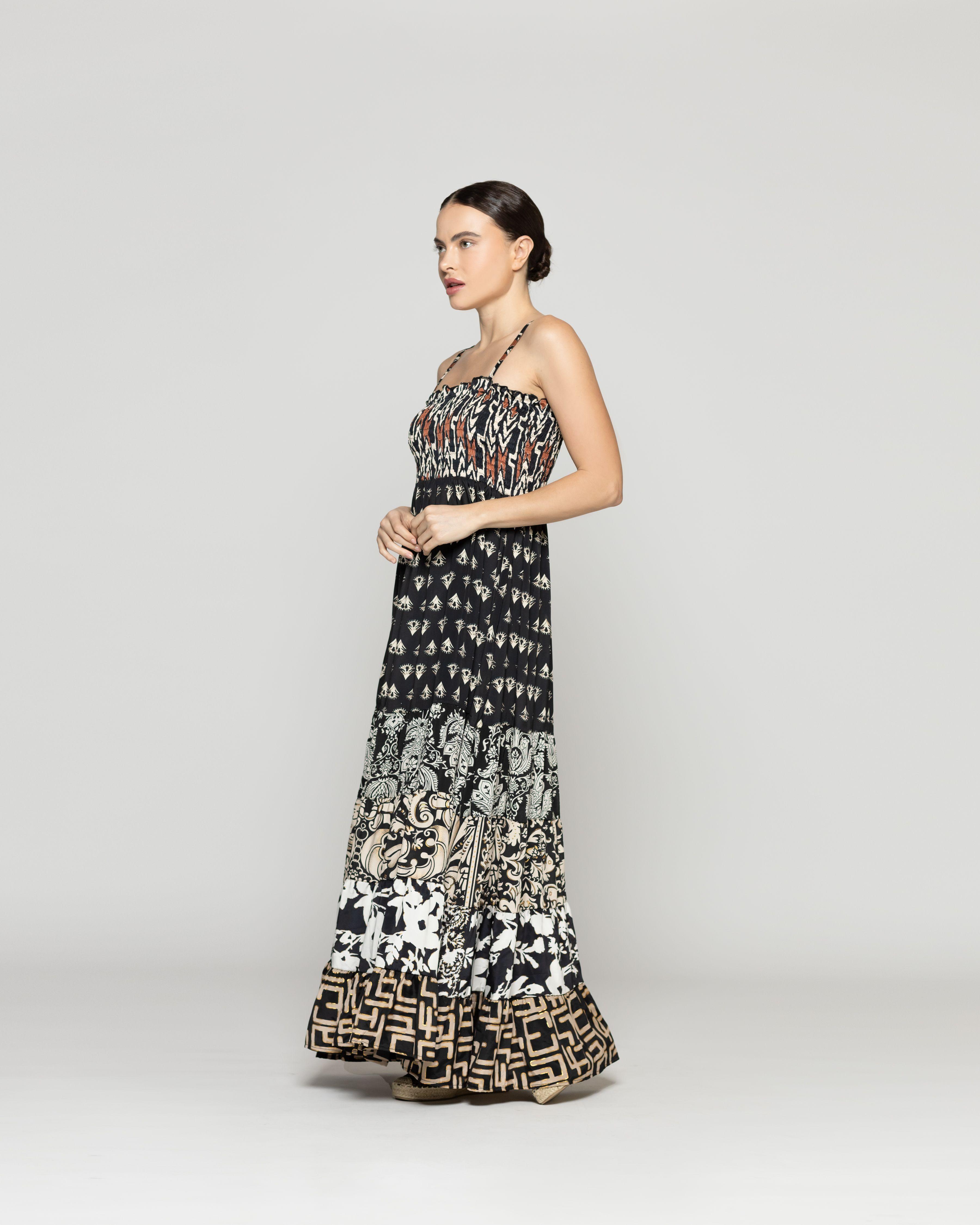 Vestido Mujer Virna Estampado Negro Con Elastico Y Tirantes Lineatre-1