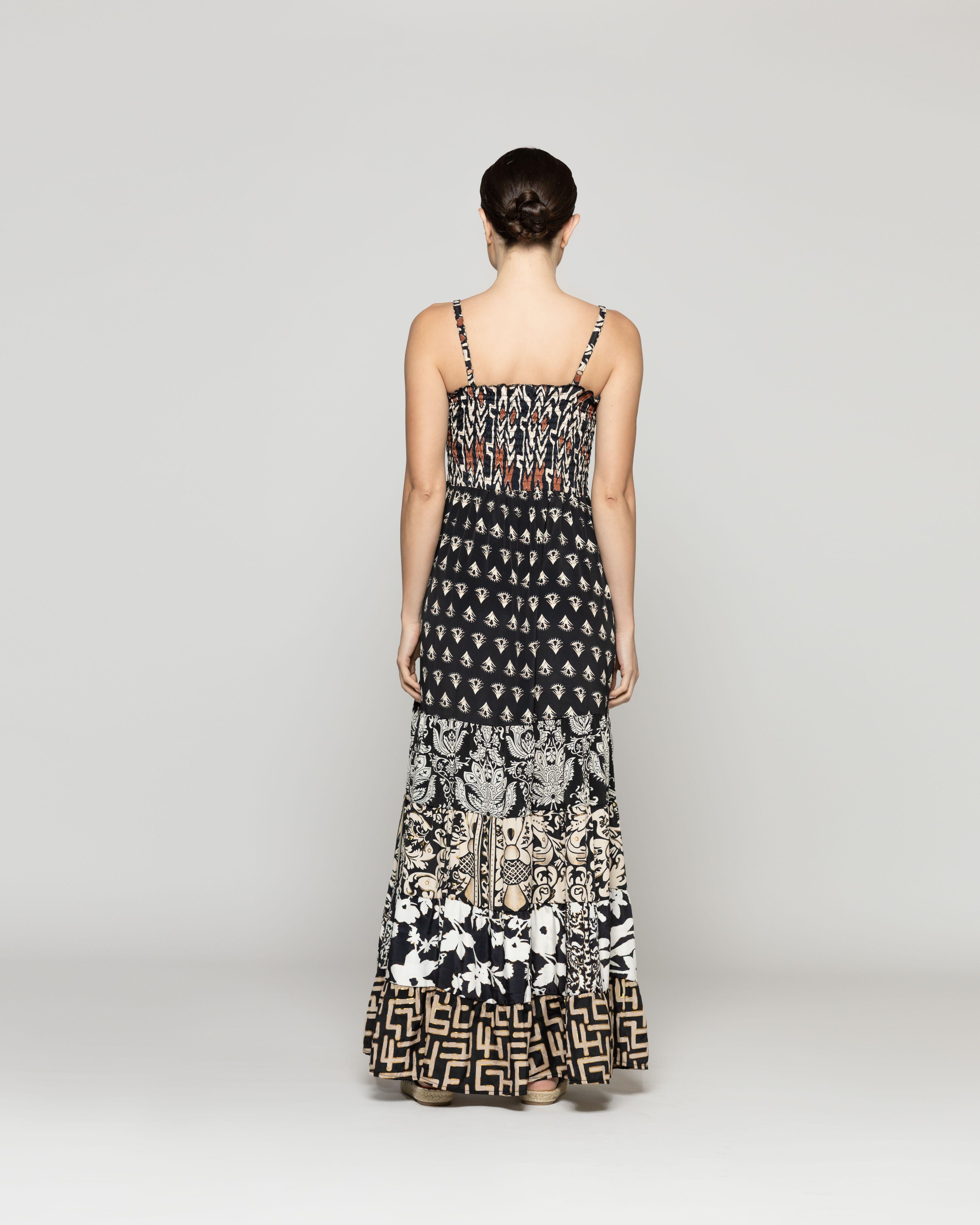 Vestido Mujer Virna Estampado Negro Con Elastico Y Tirantes Lineatre-2