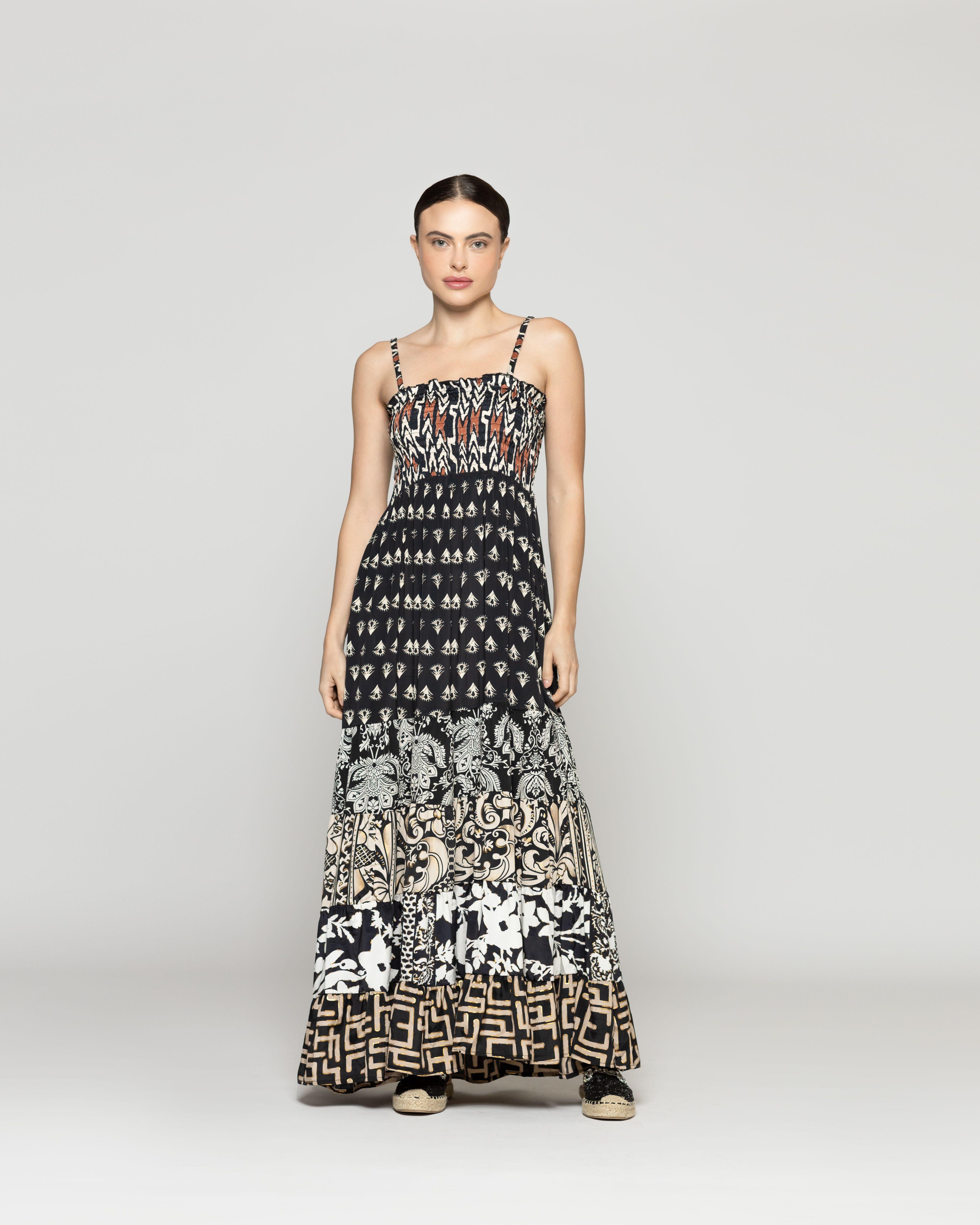 Vestido Mujer Virna Estampado Negro Con Elastico Y Tirantes Lineatre-3