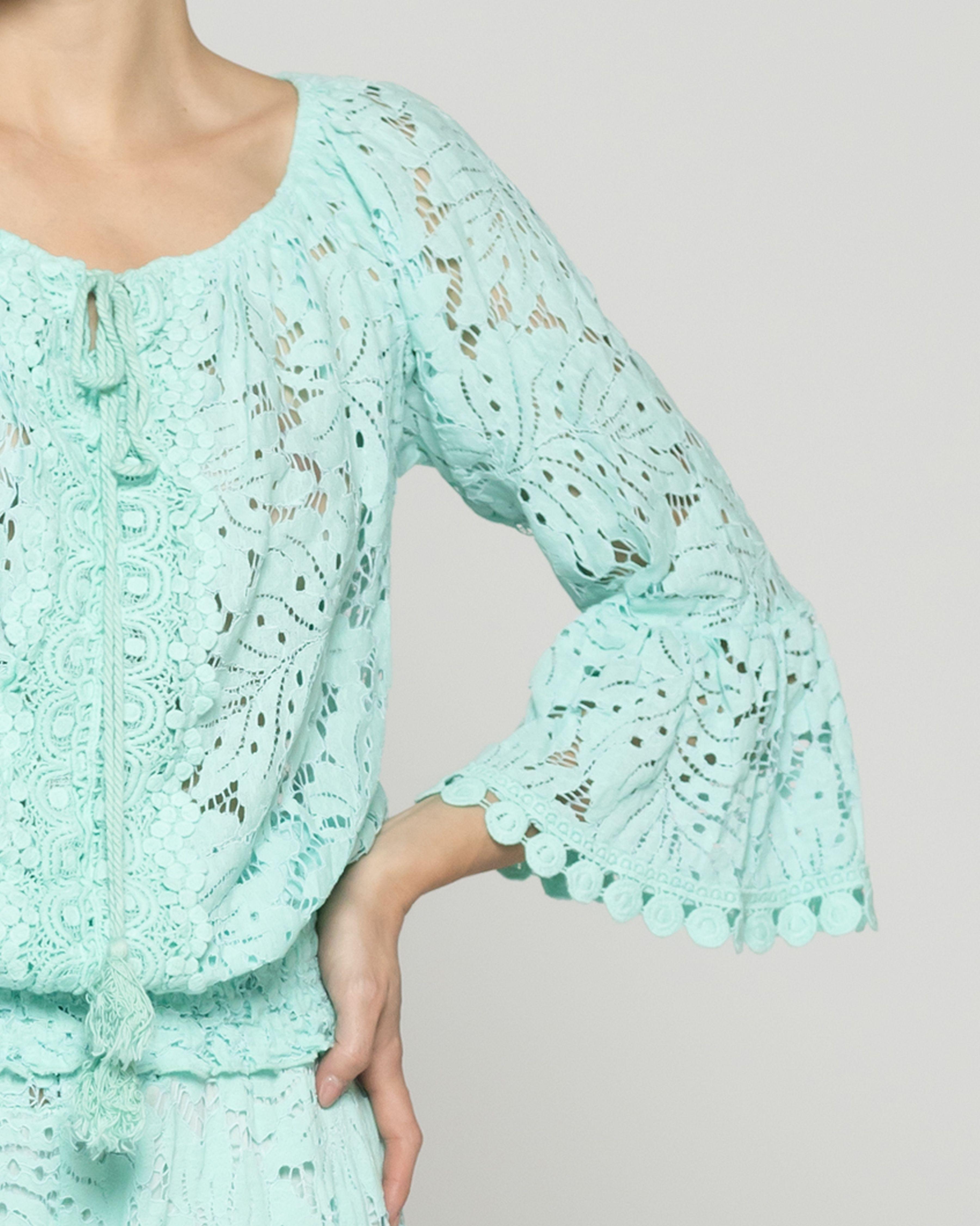 Blusa Mujer Benedetta De Encaje Manga Campana Verde Agua Lineatre-2