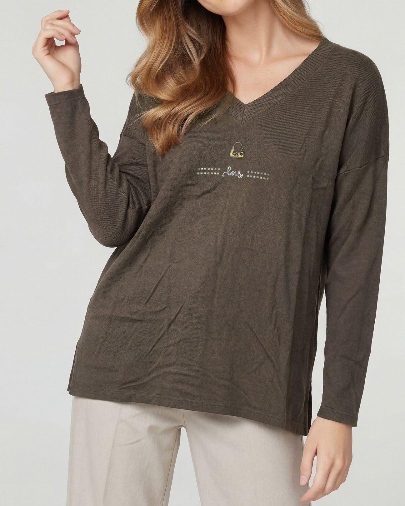 Sweater Mujer Olivia Relaxed Cuello En V Manga Caída Chocolate Lineatre-2