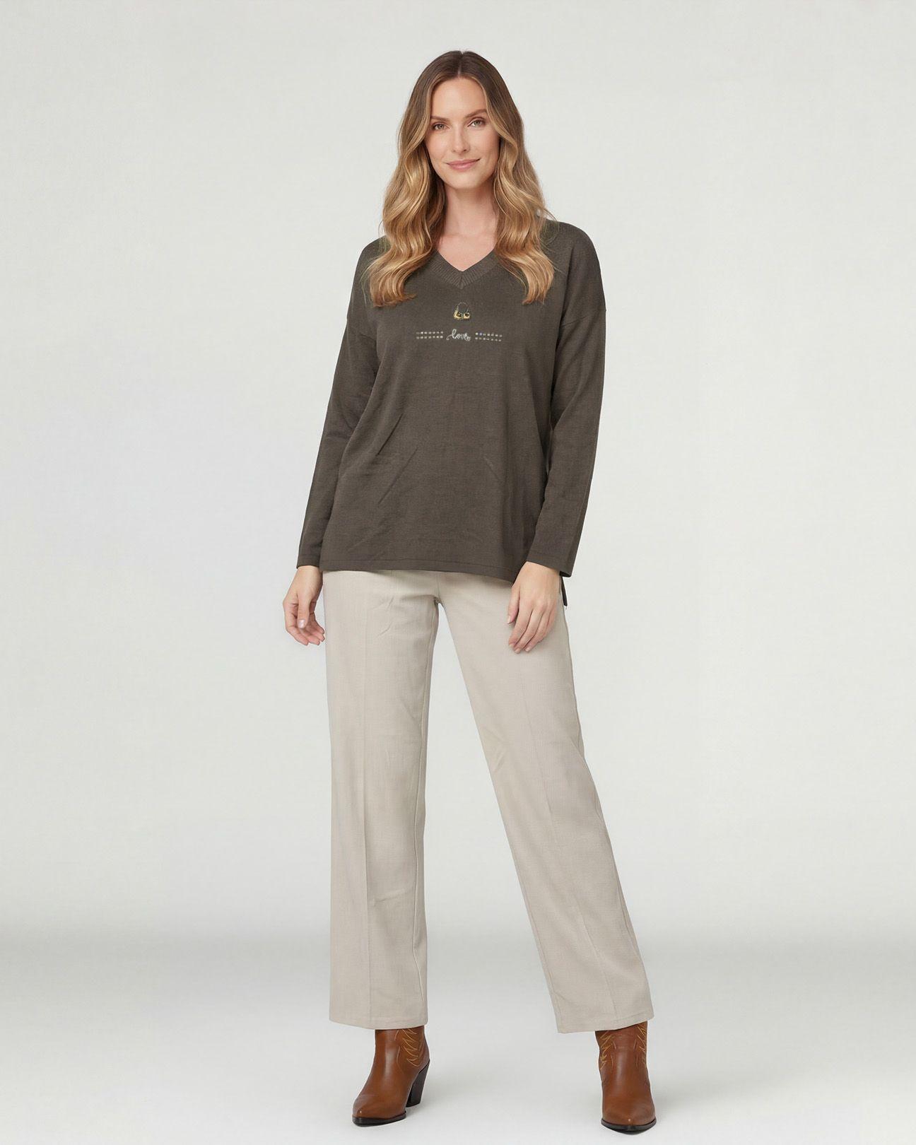 Sweater Mujer Olivia Relaxed Cuello En V Manga Caída Chocolate Lineatre-3