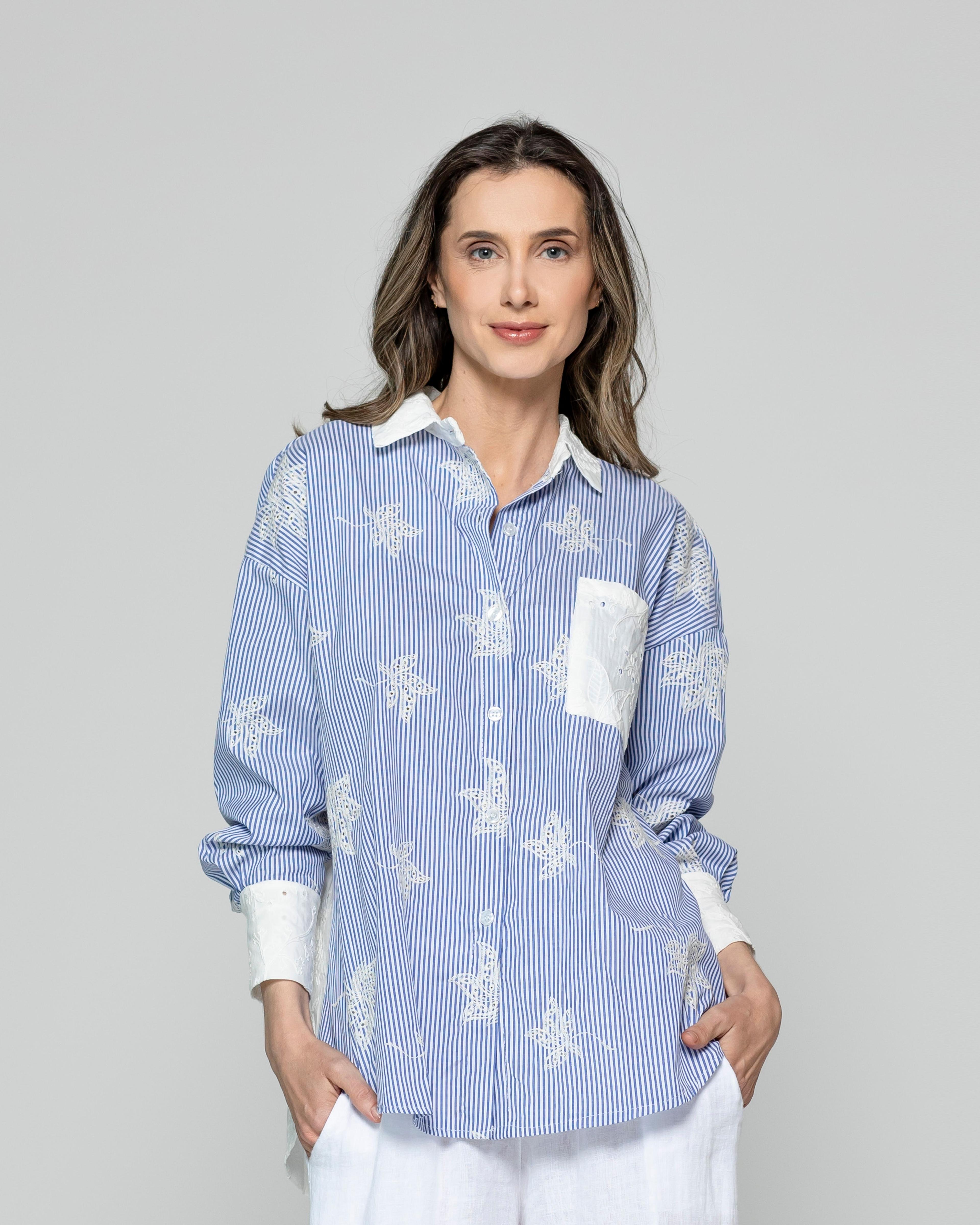 Camisa Mujer Luciana Flores Bordadas Blancas Y Rayas Azul Lineatre-0