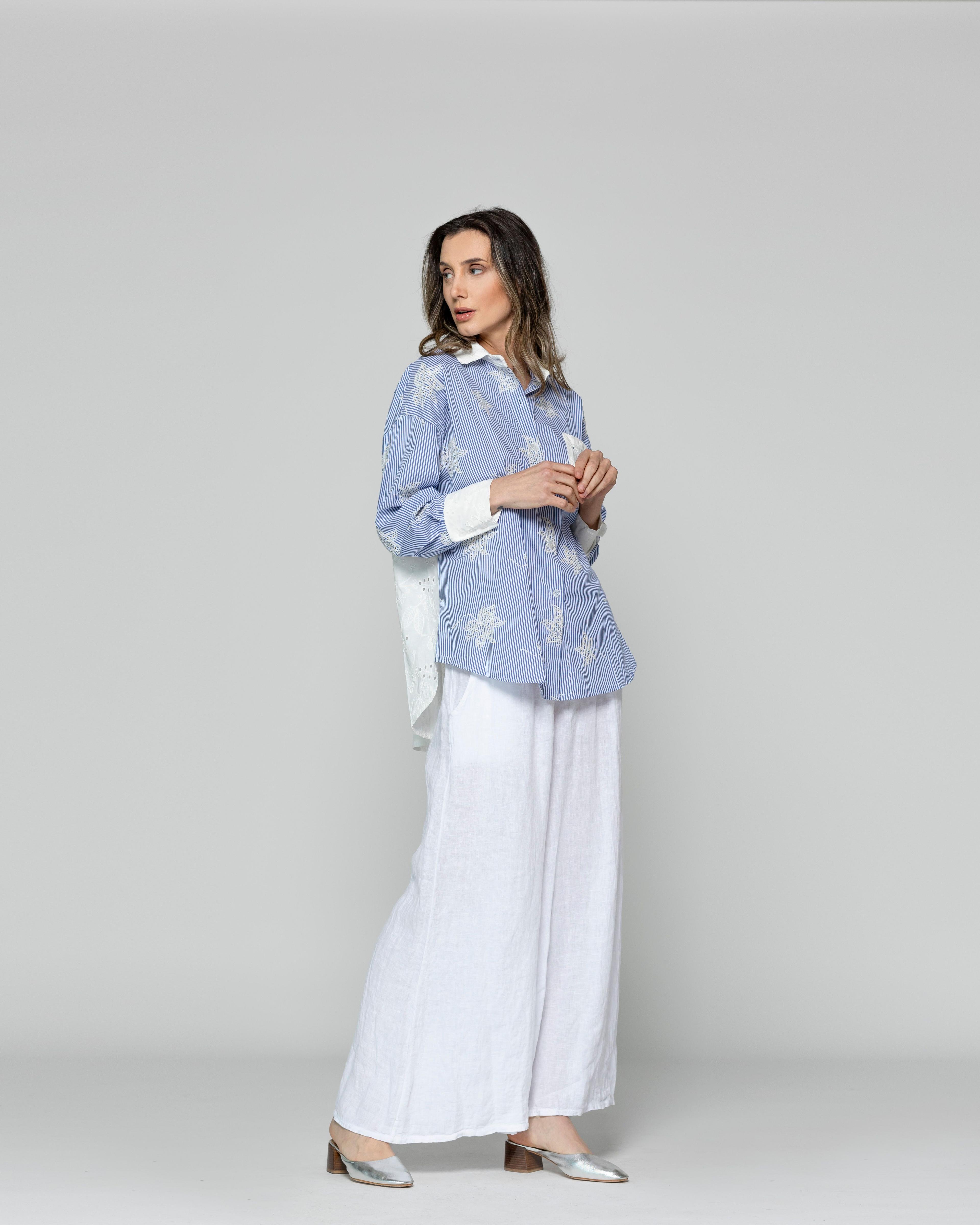 Camisa Mujer Luciana Flores Bordadas Blancas Y Rayas Azul Lineatre-1