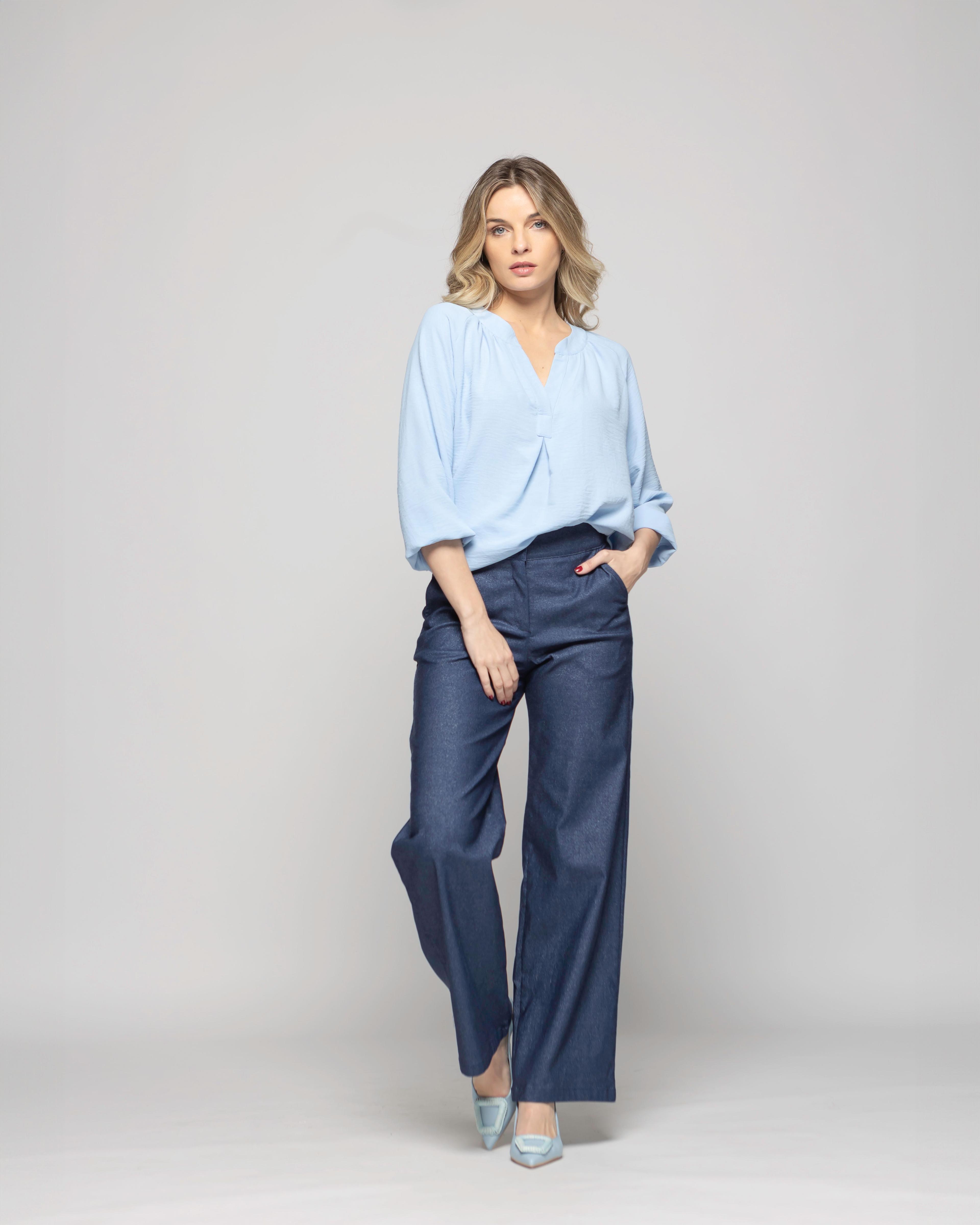Blusa Mujer Capuchina Viscosa Escote V Manga Larga Celeste Ludovica-0