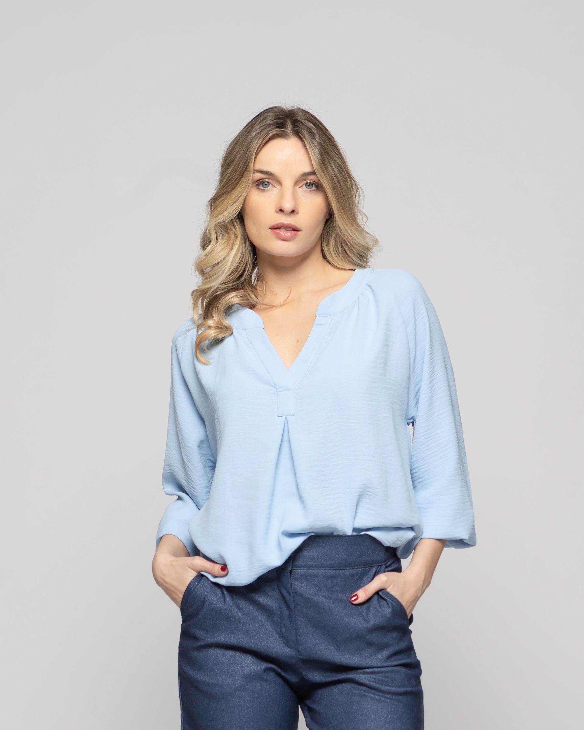 Blusa Mujer Capuchina Viscosa Escote V Manga Larga Celeste Ludovica-3