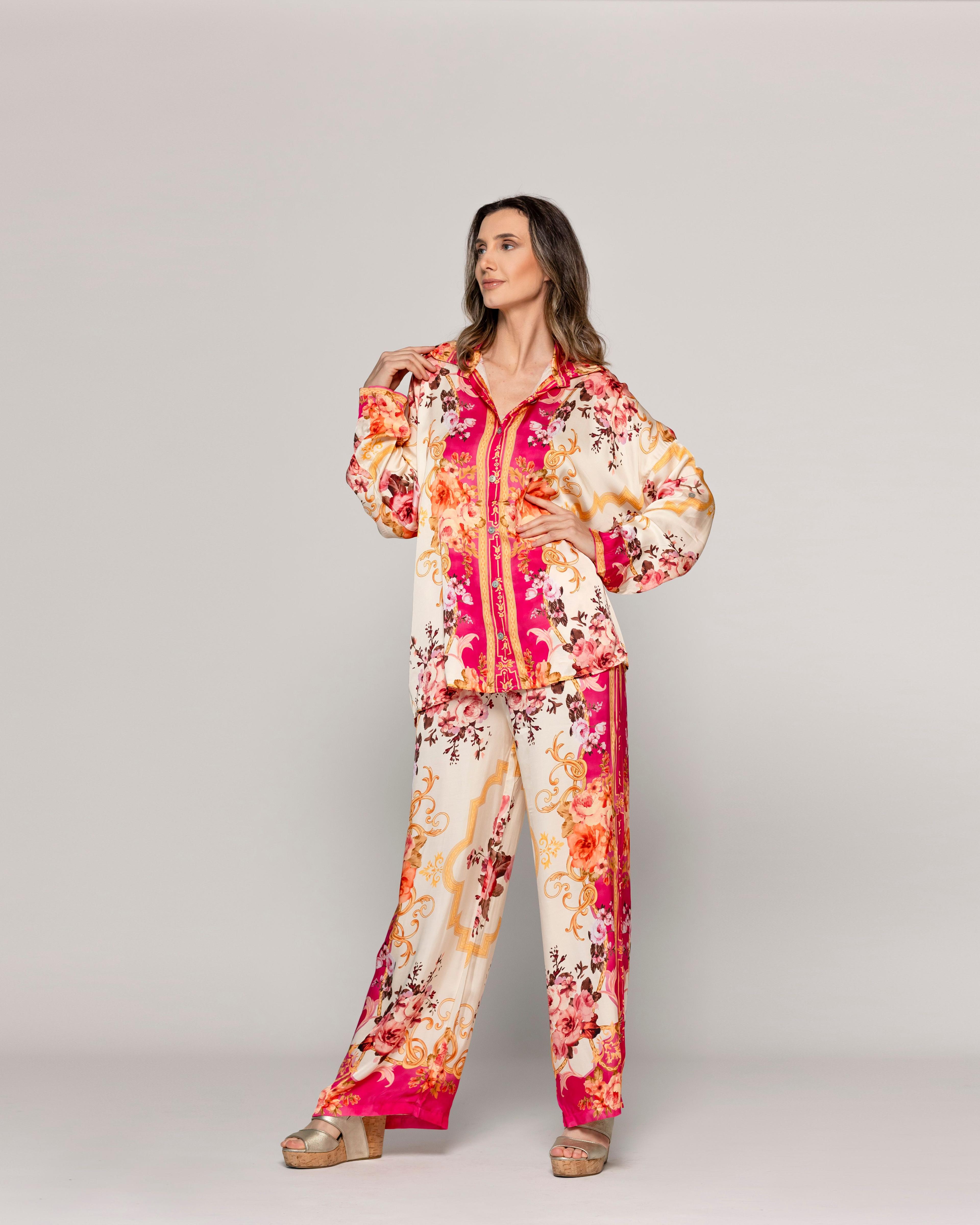 Blusa Mujer Brenna Tipo Satín Estampado  Fucsia Lineatre-4