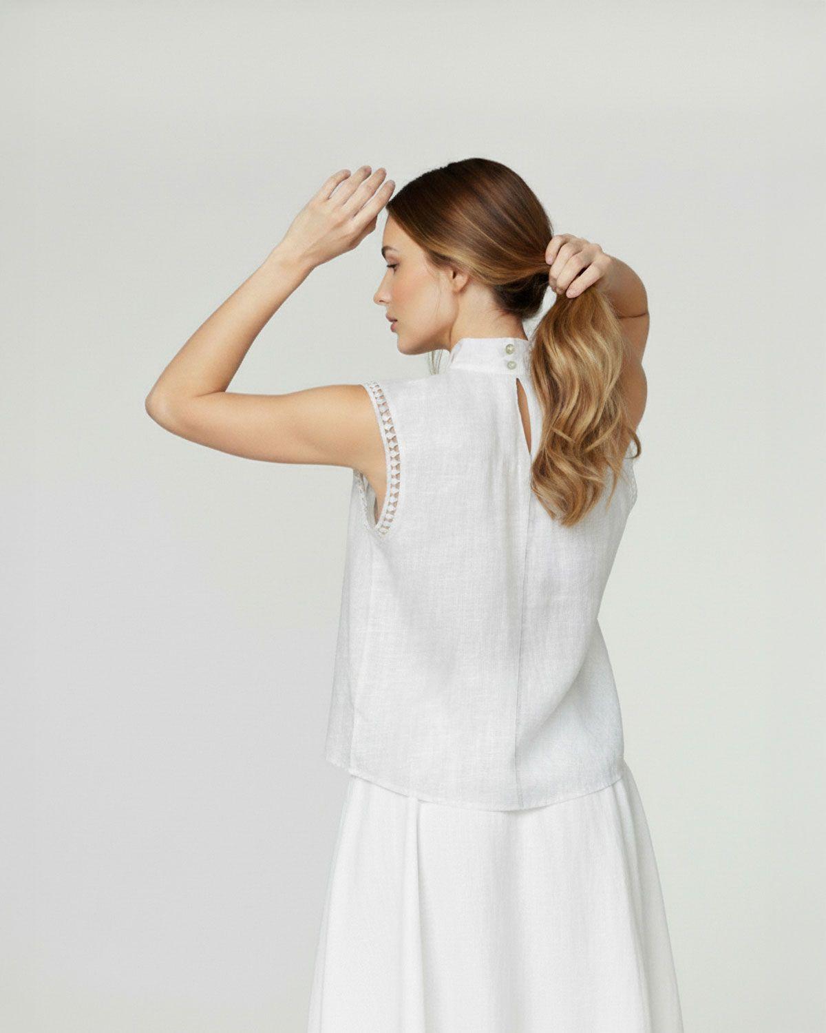 Polera Mujer Brunella Relaxed fit Redondo Sin mangas/encaje Blanco Lineatre-2