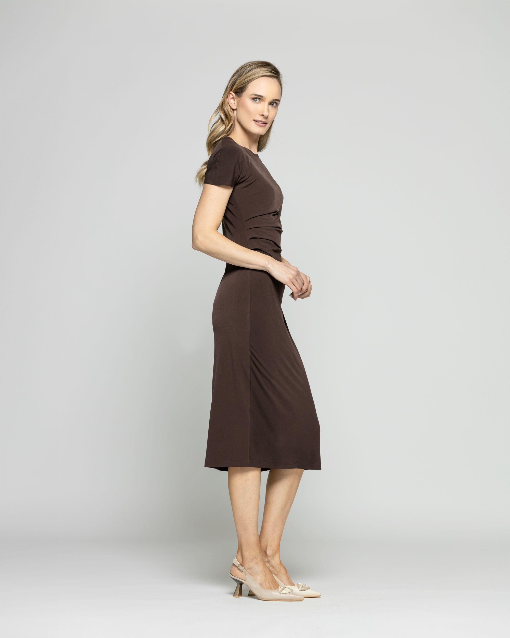 Vestido Mujer Alelí Midi Manga Corta Drapeado En Cintura Café Chocolate Ludovica-8