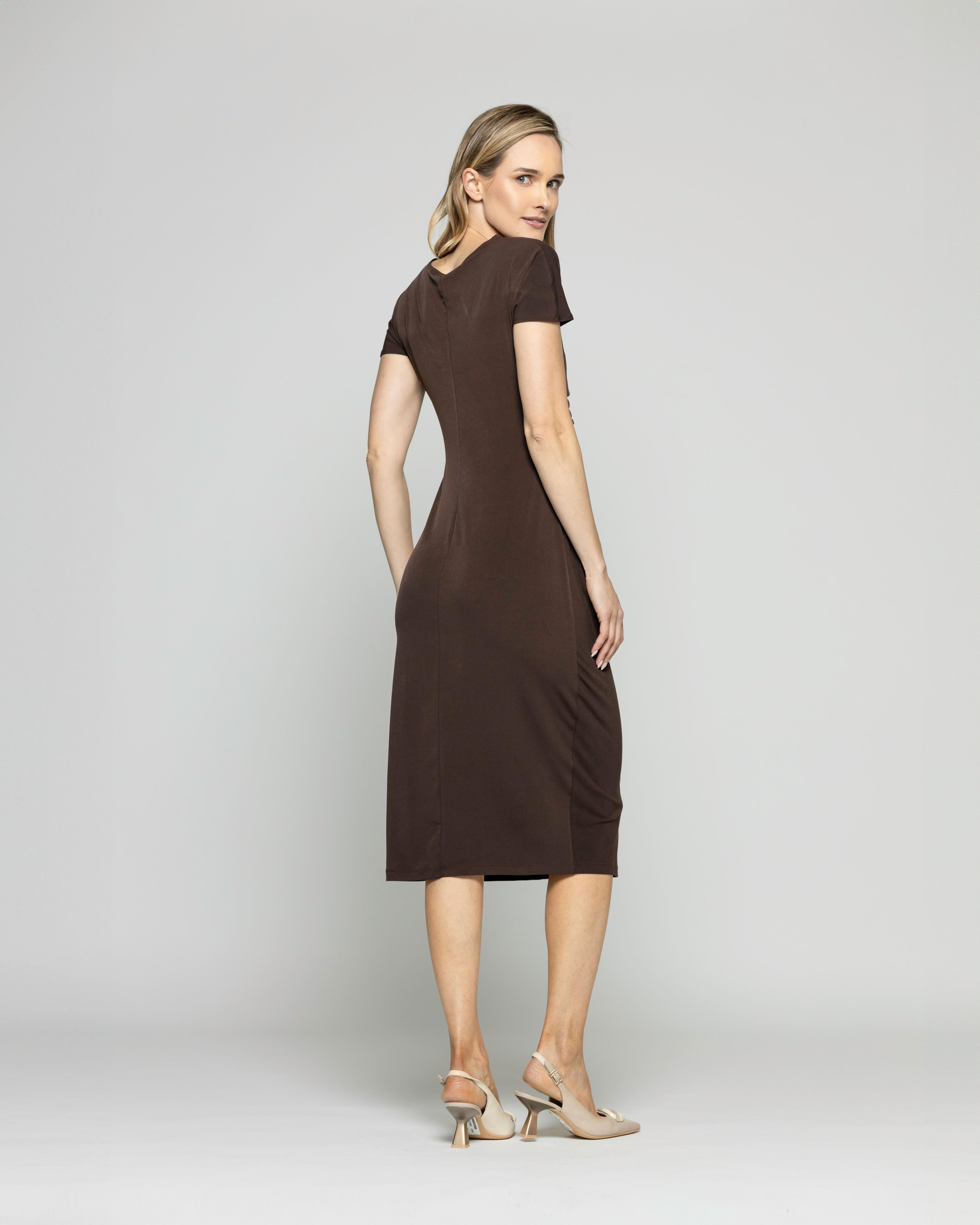 Vestido Mujer Alelí Midi Manga Corta Drapeado En Cintura Café Chocolate Ludovica-9