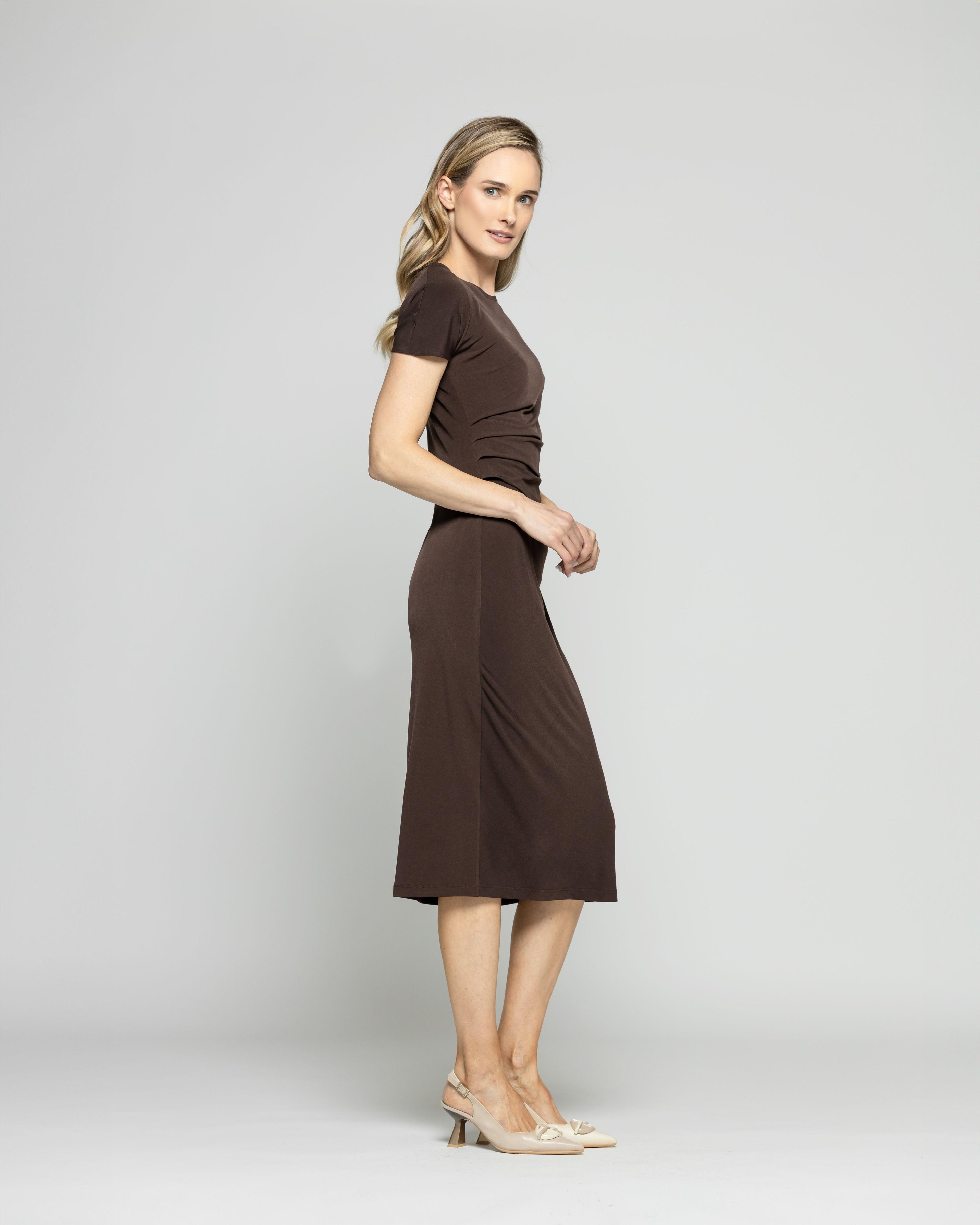 Vestido Mujer Alelí Midi Manga Corta Drapeado En Cintura Café Chocolate Ludovica-2