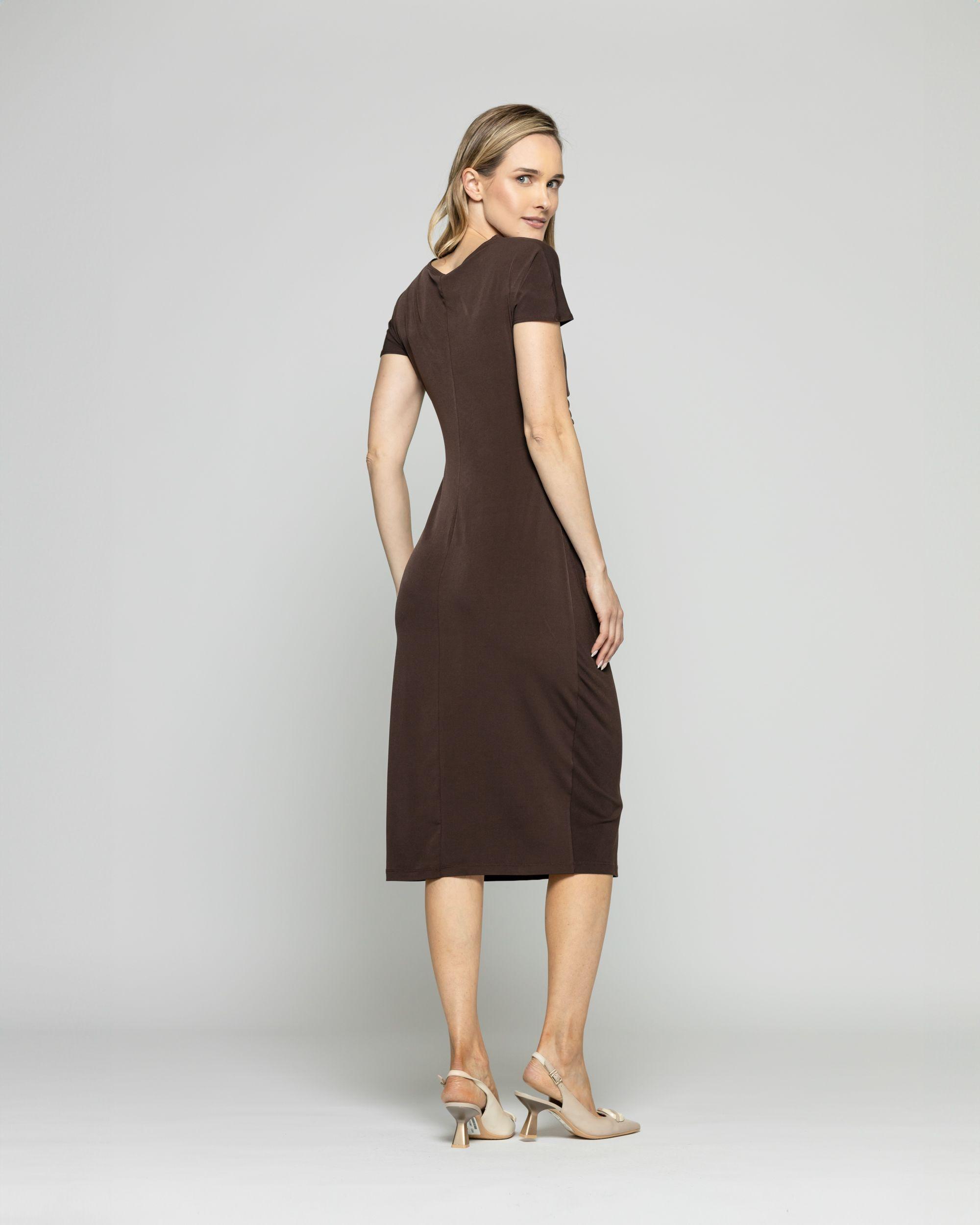 Vestido Mujer Alelí Midi Manga Corta Drapeado En Cintura Café Chocolate Ludovica-3
