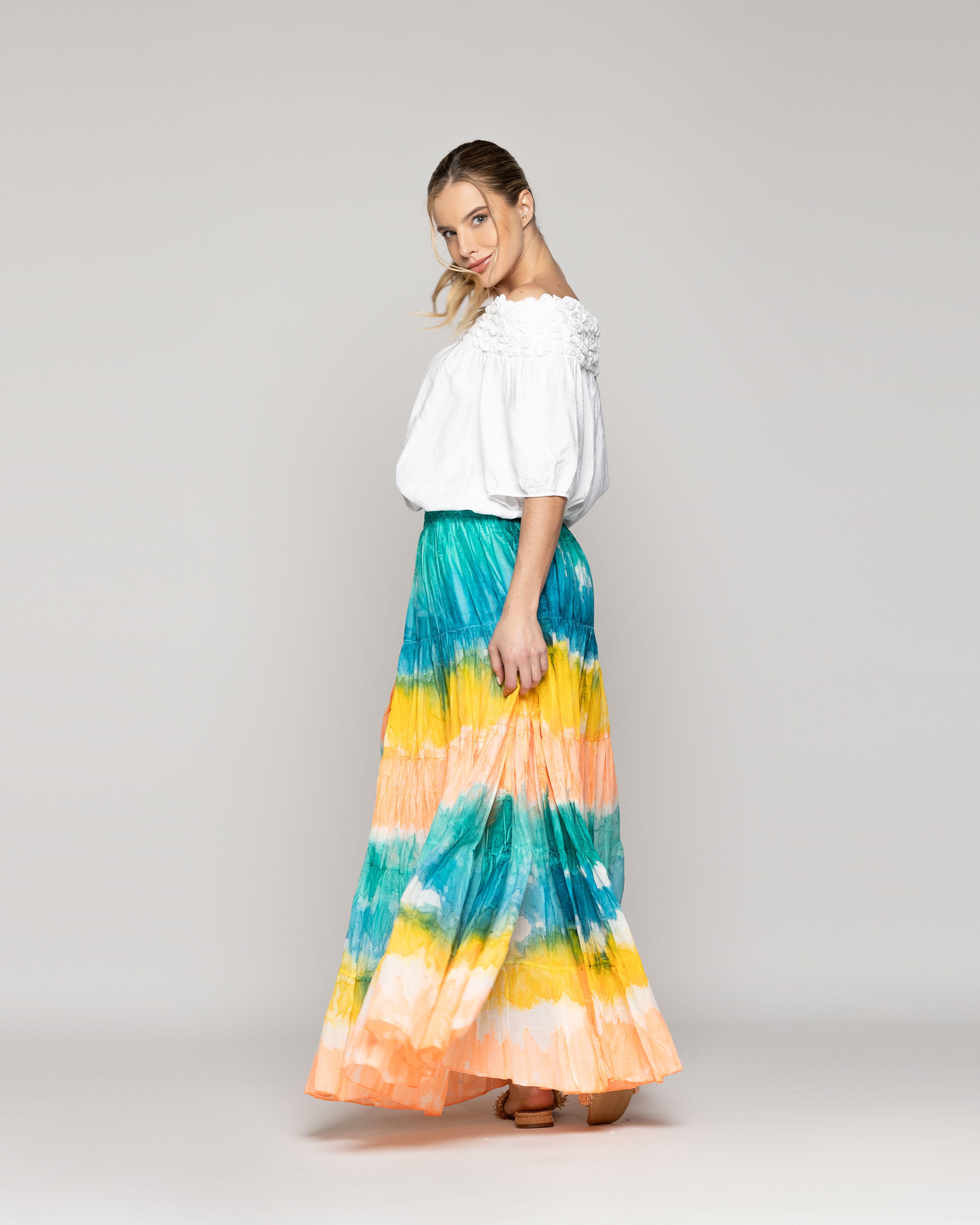 Falda Mujer Fiorella Con Caída Fluida Estilo Tie-Dye Amarilla Lineatre-2